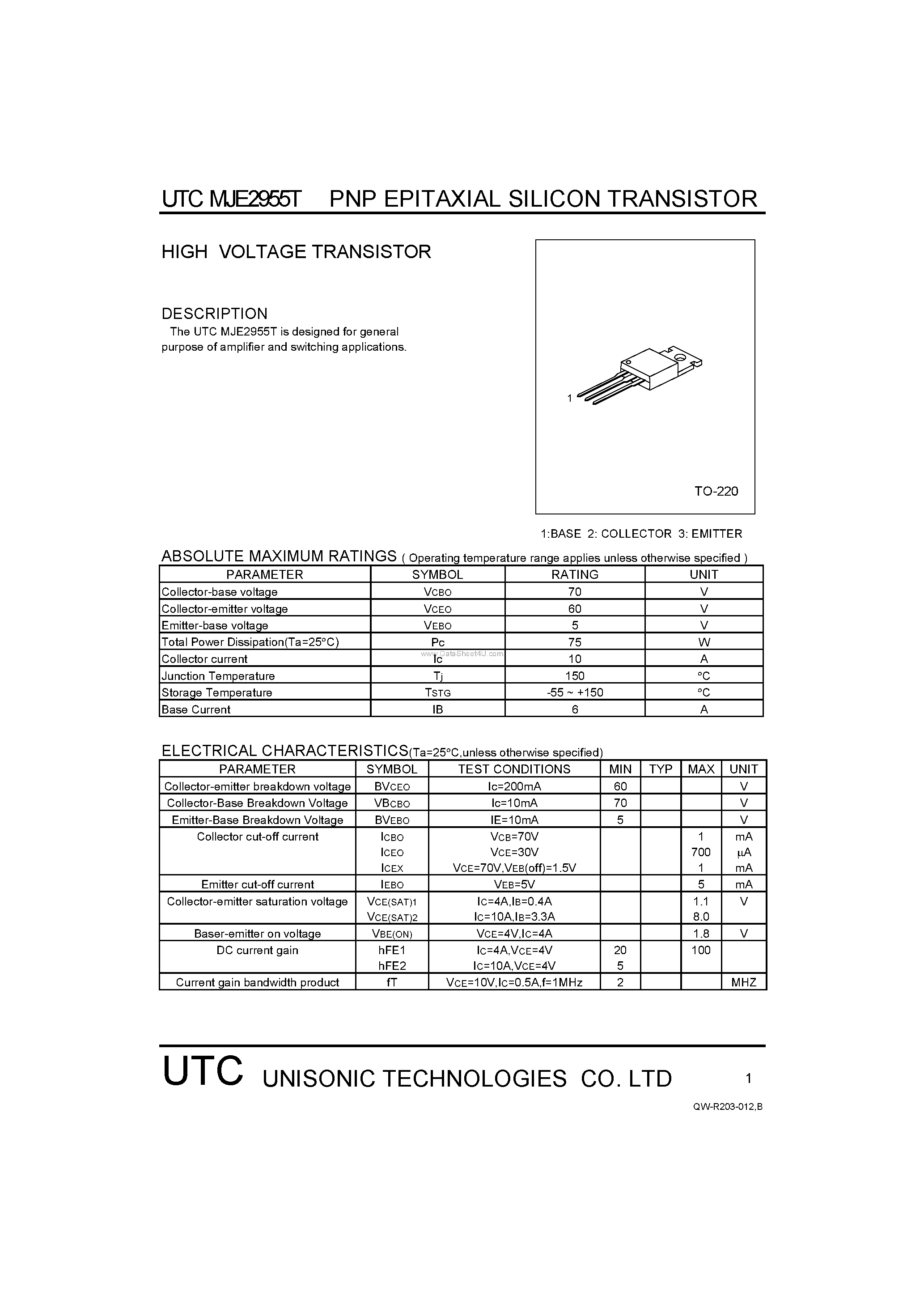 Даташит MJE2955T - HIGH VOLTAGE TRANSISTOR страница 1