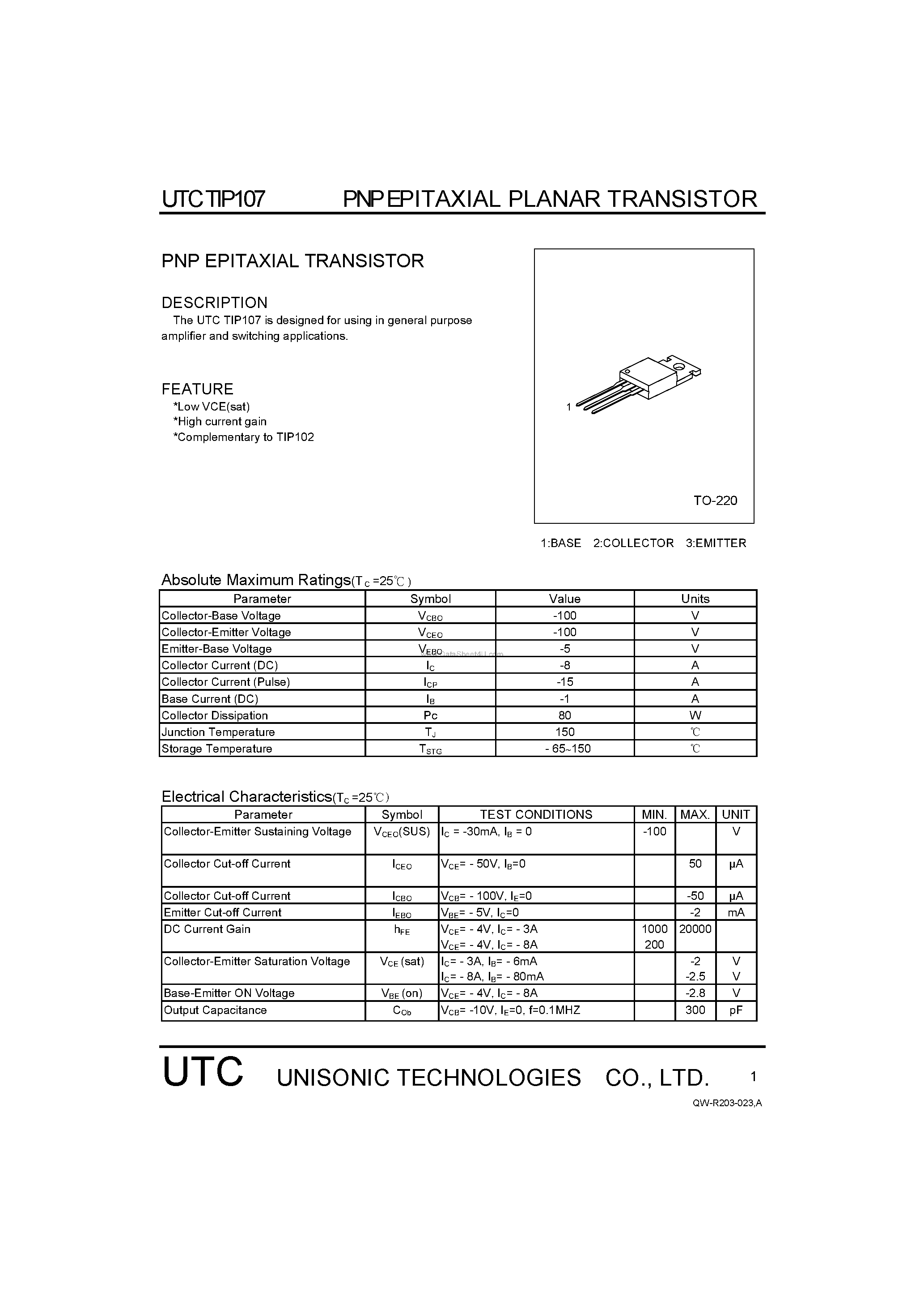 Даташит TIP107 - PNP EPITAXIAL TRANSISTOR страница 1