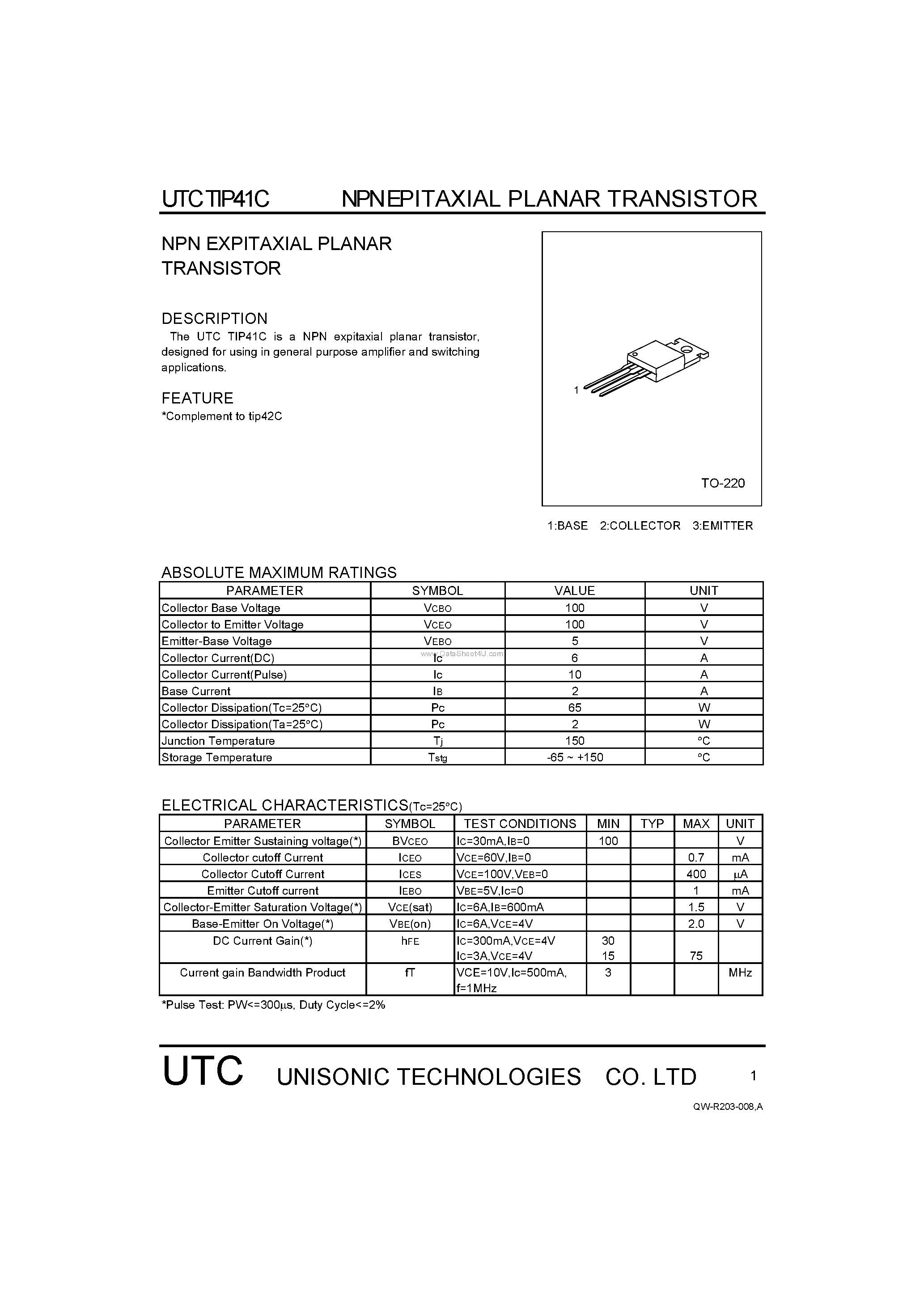 Даташит TIP41C - NPN EXPITAXIAL PLANAR TRANSISTOR страница 1