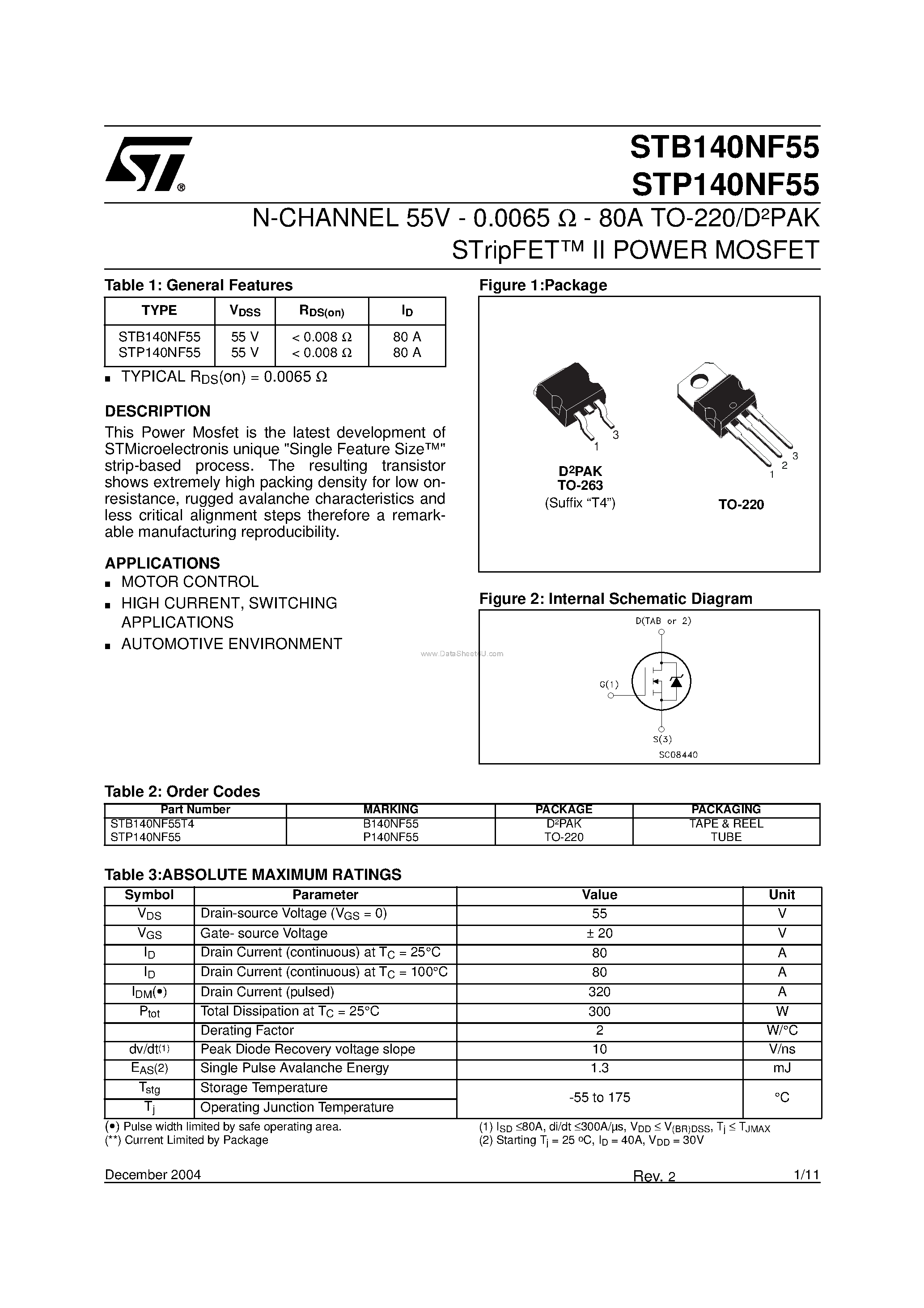 Даташит STP140NF55 - N-CHANNEL POWER MOSFET страница 1