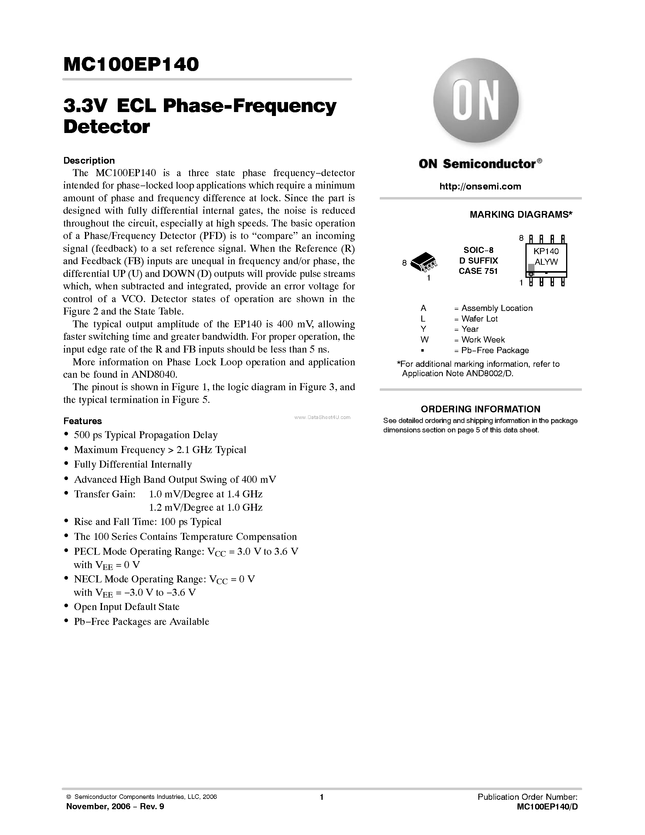 Datasheet MC100EP140 - ECL Phase-Frequency Detector page 1