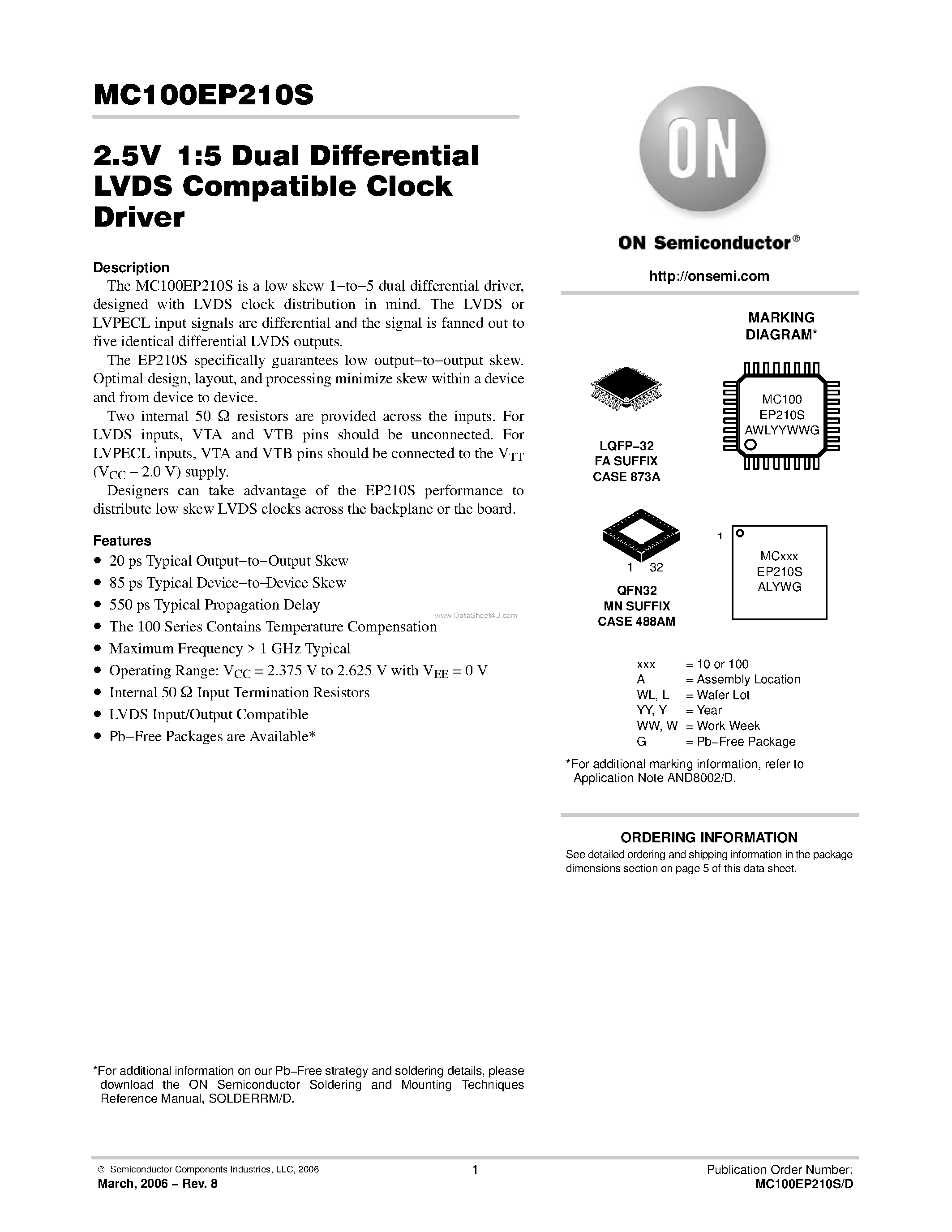 Datasheet MC100EP210S - Dual Differential LVDS Compatible Clock Driver page 1