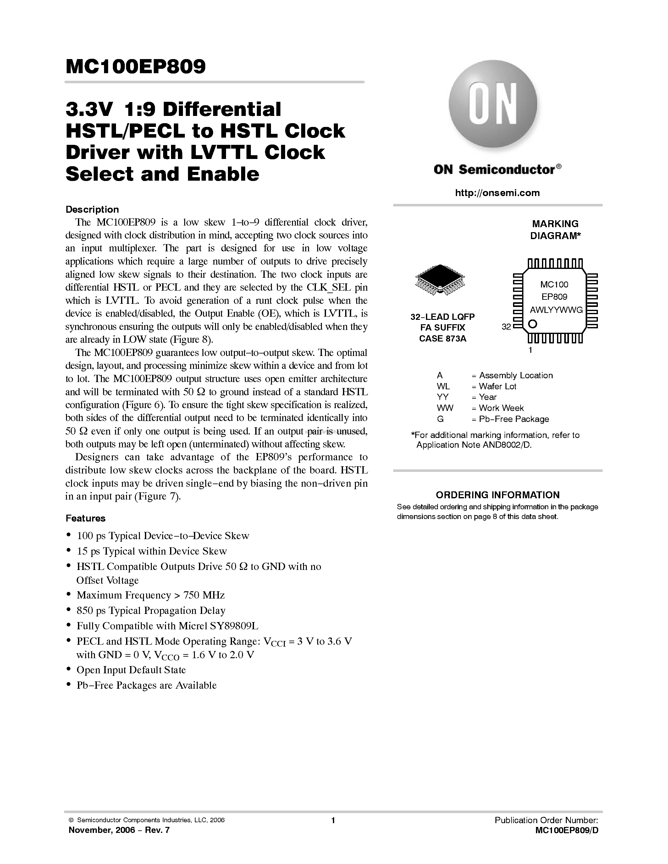 Datasheet MC100EP809 - Differential HSTL/PECL to HSTL Clock Driver page 1