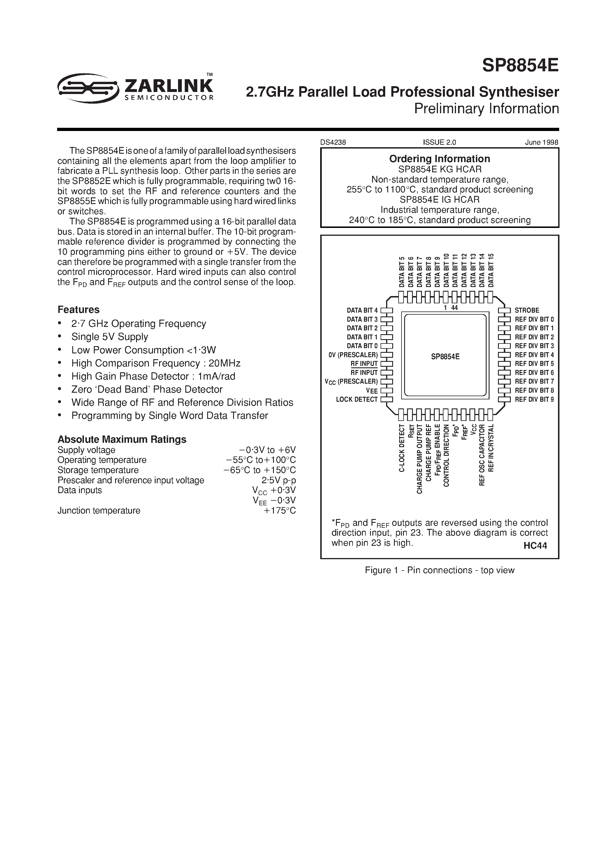 Даташит SP8854E - 2.7GHz PARALLEL LOAD PROFESSIONAL SYNTHESISER страница 2