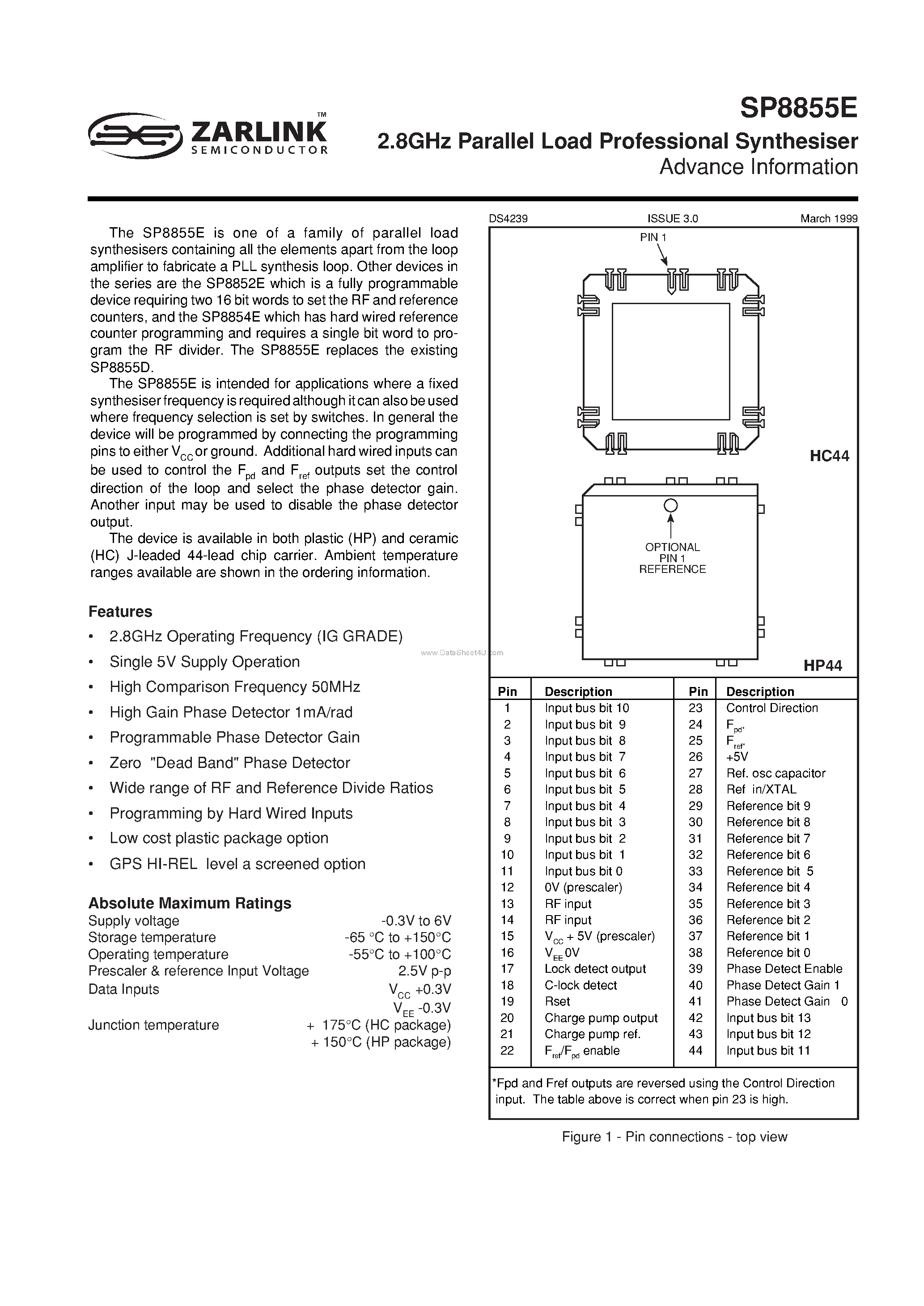 Даташит SP8855E - 2.8GHz PARALLEL LOAD PROFESSIONAL SYNTHESISER страница 1