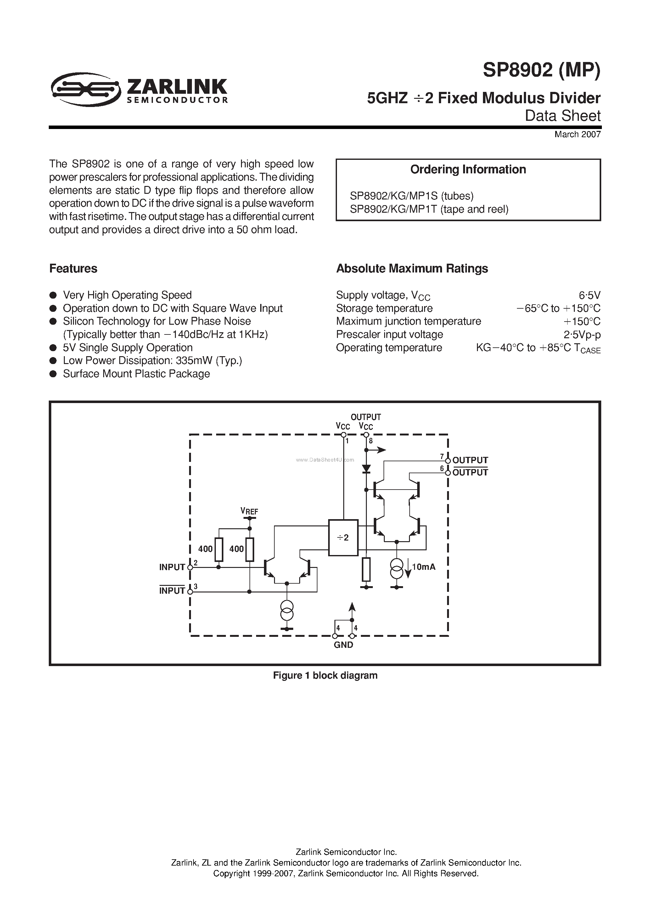 Даташит SP8902 - 5GHZ/ 2 Fixed Modulus Divider страница 1