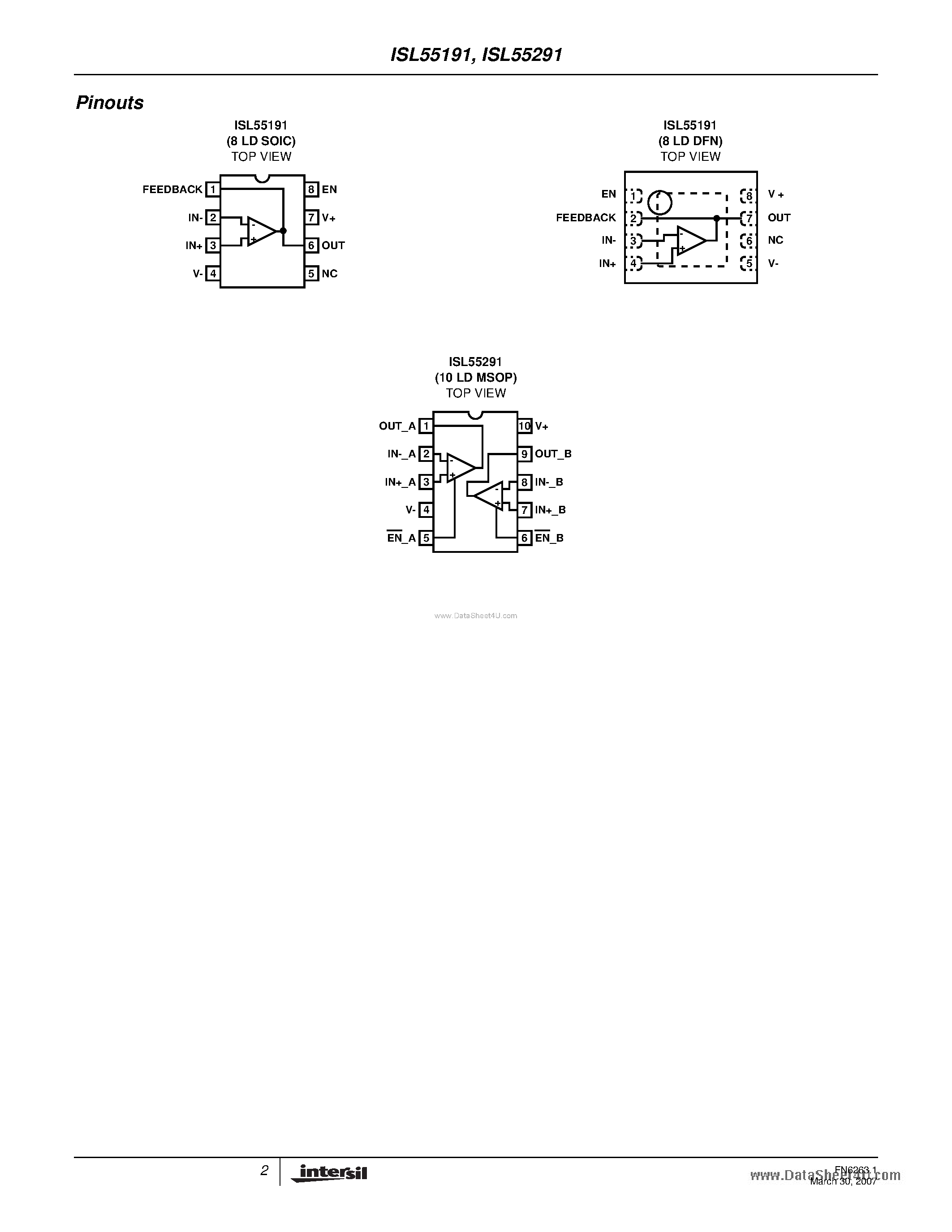 Даташит ISL55191 - (ISL55191 / ISL55291) Low Power OP Amp страница 2