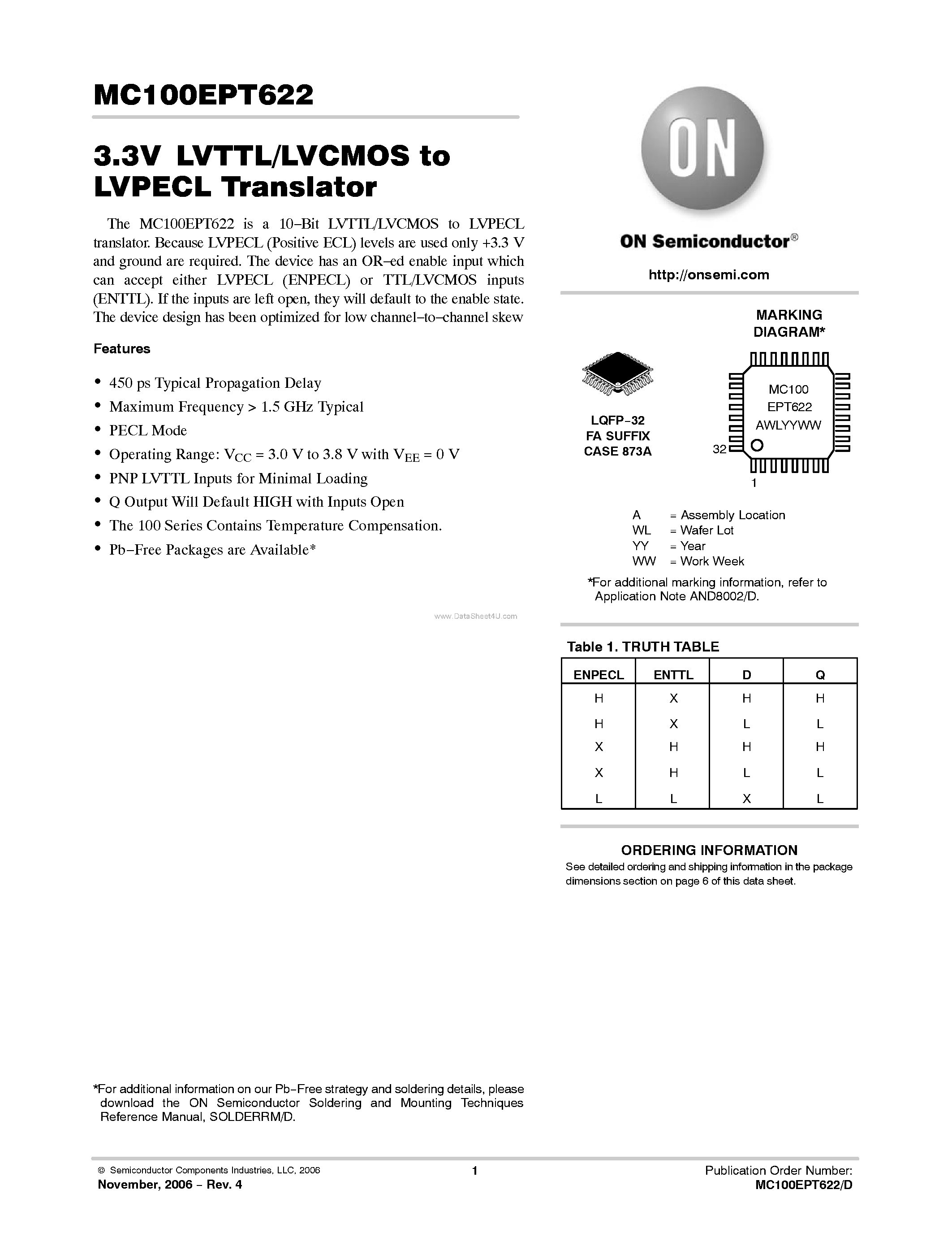 Datasheet MC100EPT622 - 3.3V LVTTL/LVCMOS to LVPECL Translator page 1