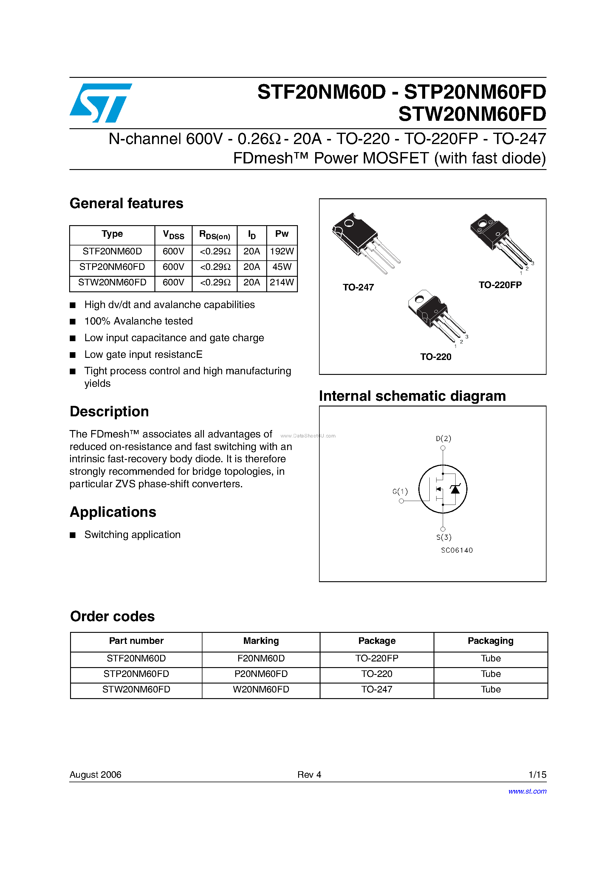 Даташит STP20NM60FD - N-CHANNEL MOSFET страница 1