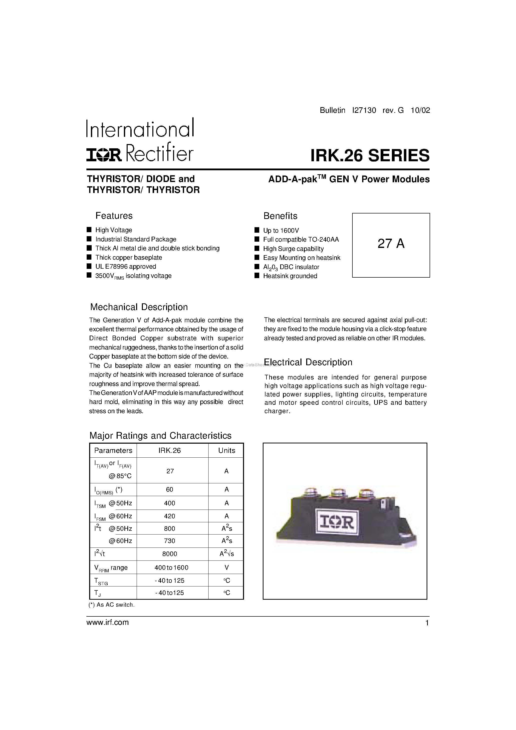 Datasheet IRK.26 - ADD-A-pakTM GEN V Power Modules page 1