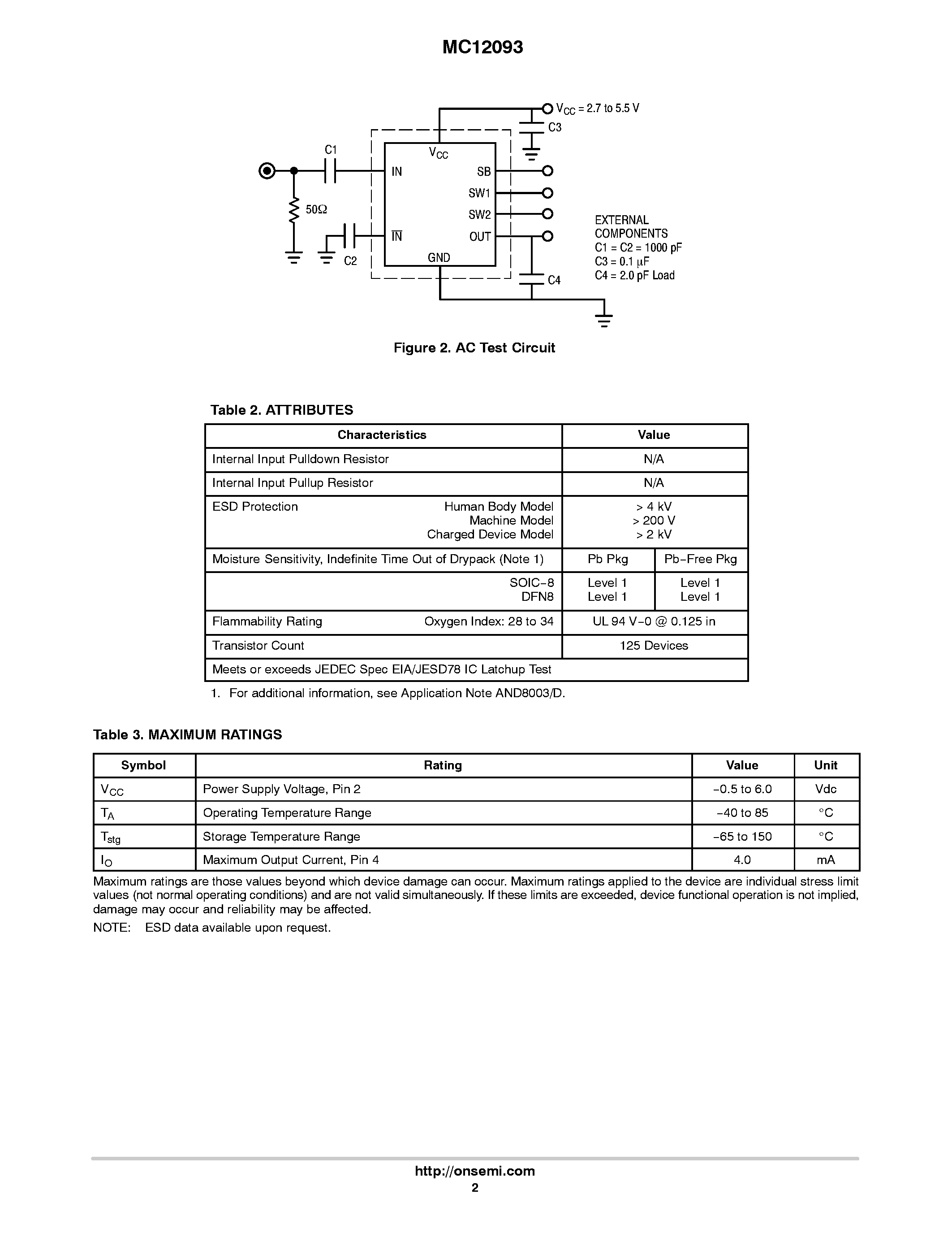 Даташит MC12093 - Low Power Prescaler страница 2