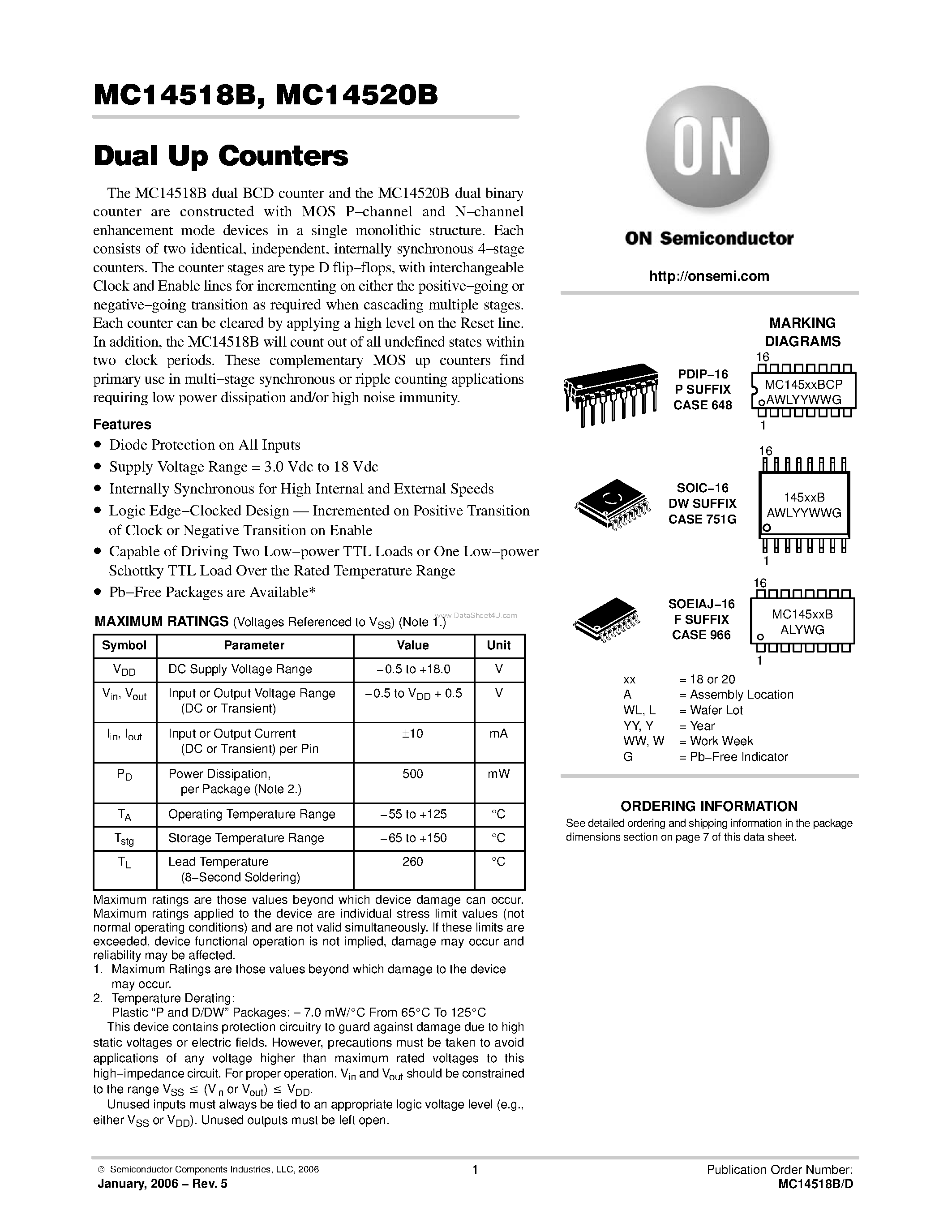 Даташит MC14518B - (MC14518B / MC14520B) Dual Up Counters страница 1