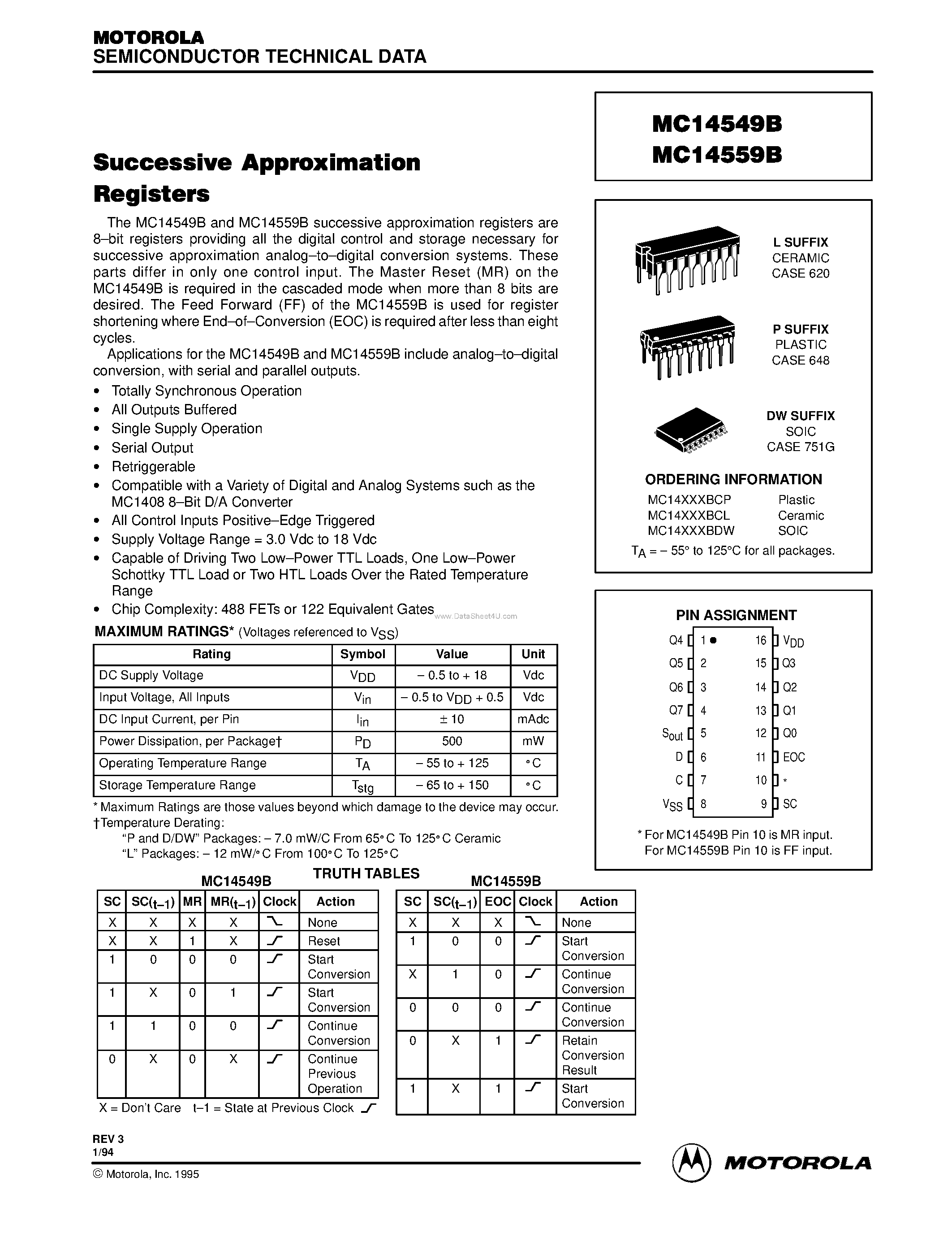 Даташит MC14549B - (MC14549B / MC14559B) SUCCESSIVE APPROXIMATION REGISTERS страница 1