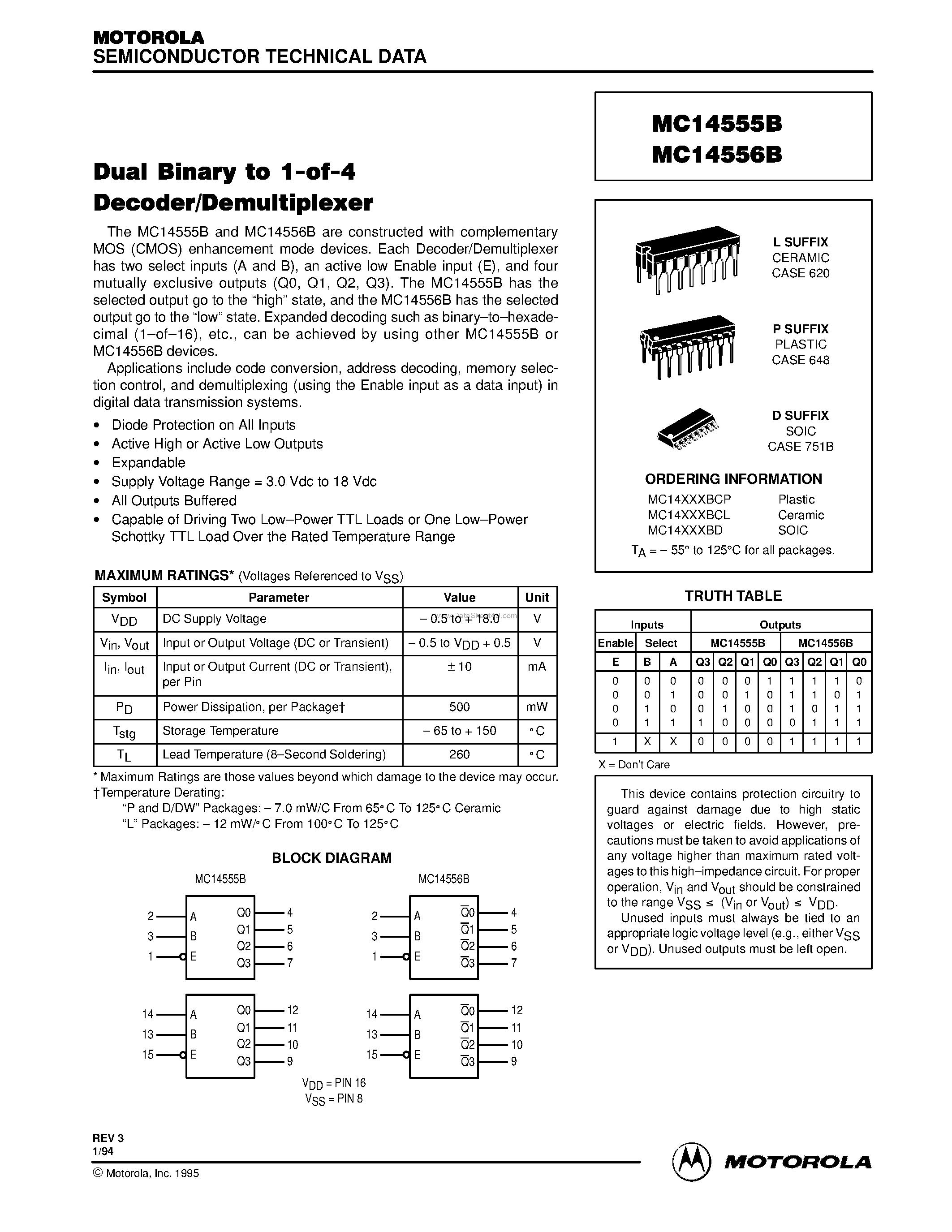 Даташит MC14555B - (MC14555B / MC14556B) Dual Binary to 1-of-4 Decoder/Demultiplexer страница 1