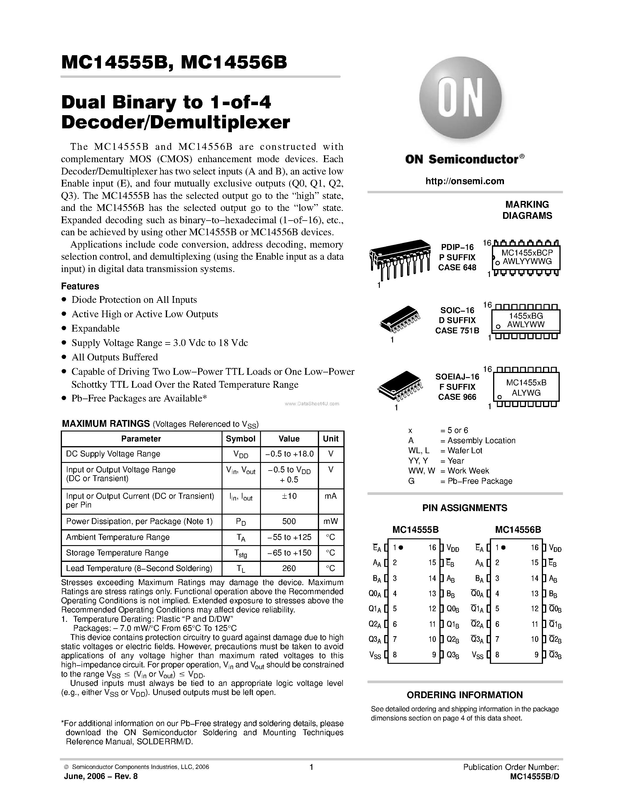 Даташит MC14555B - (MC14555B / MC14556B) Dual Binary to 1-of-4 Decoder/Demultiplexer страница 1