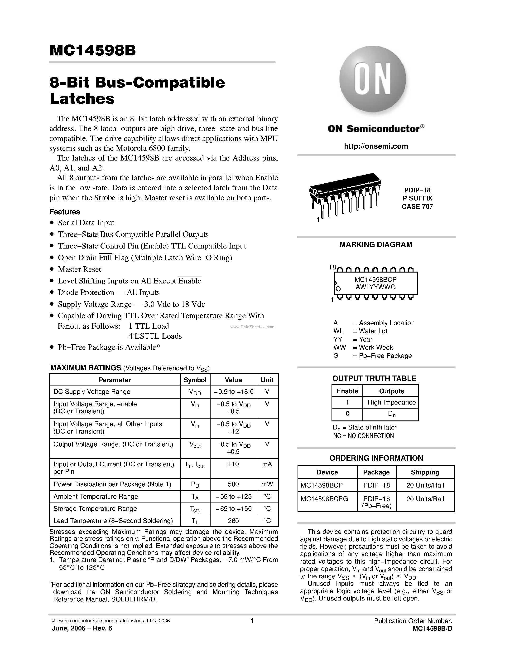 Даташит MC14598B - 8-Bit Bus-Compatible Latches страница 1