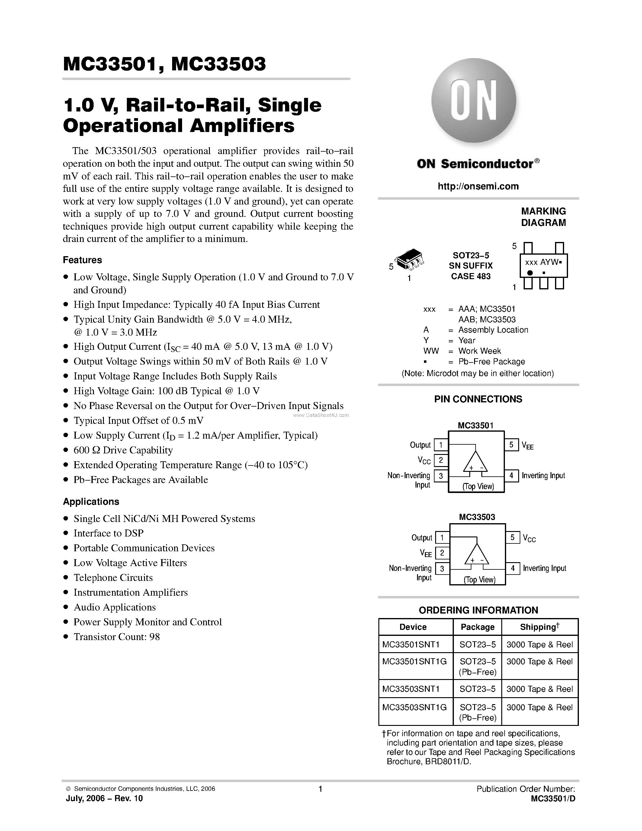 Datasheet MC33501 - (MC33501 / MC33503) Single Operational Amplifiers page 1