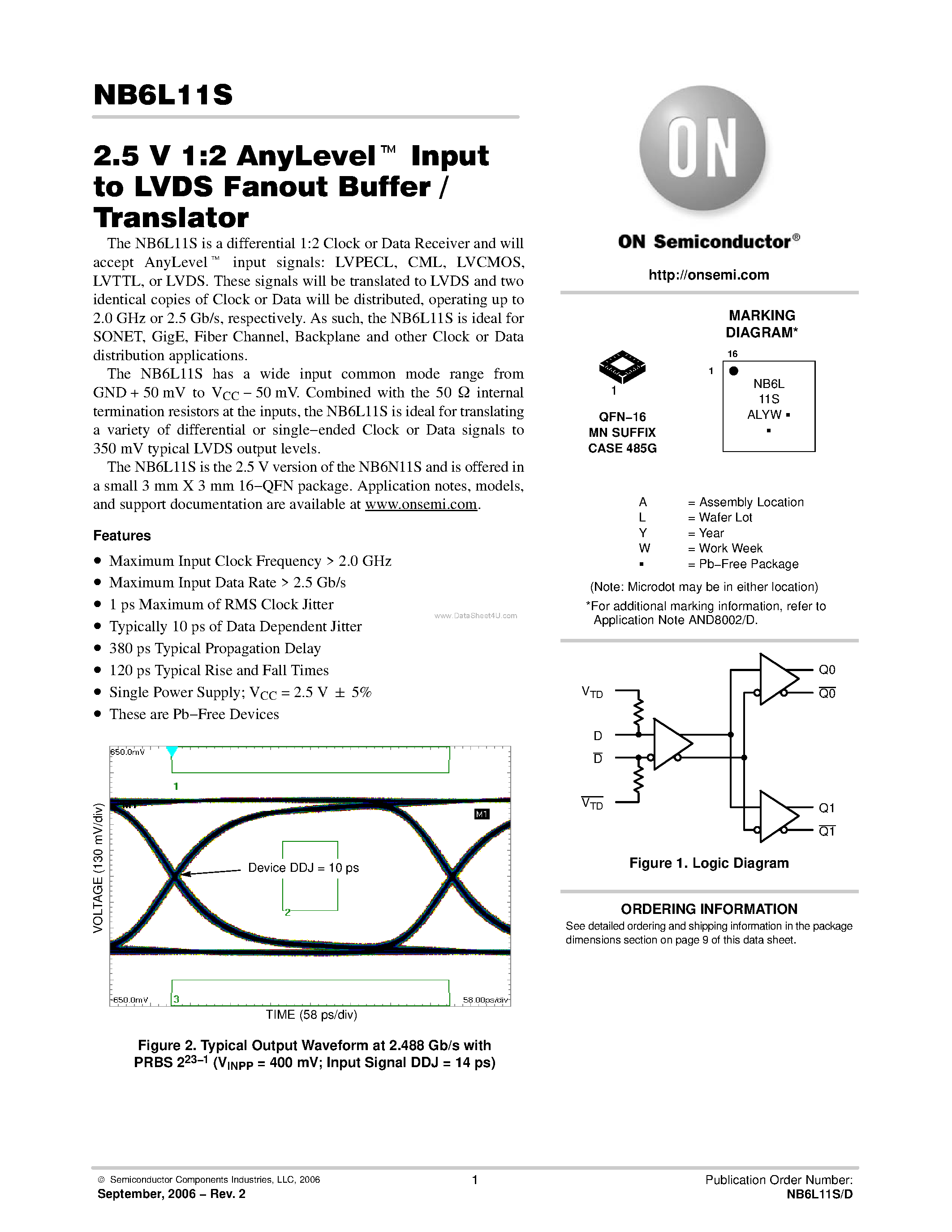 Даташит NB6L11S - Input to LVDS Fanout Buffer / Translator страница 1