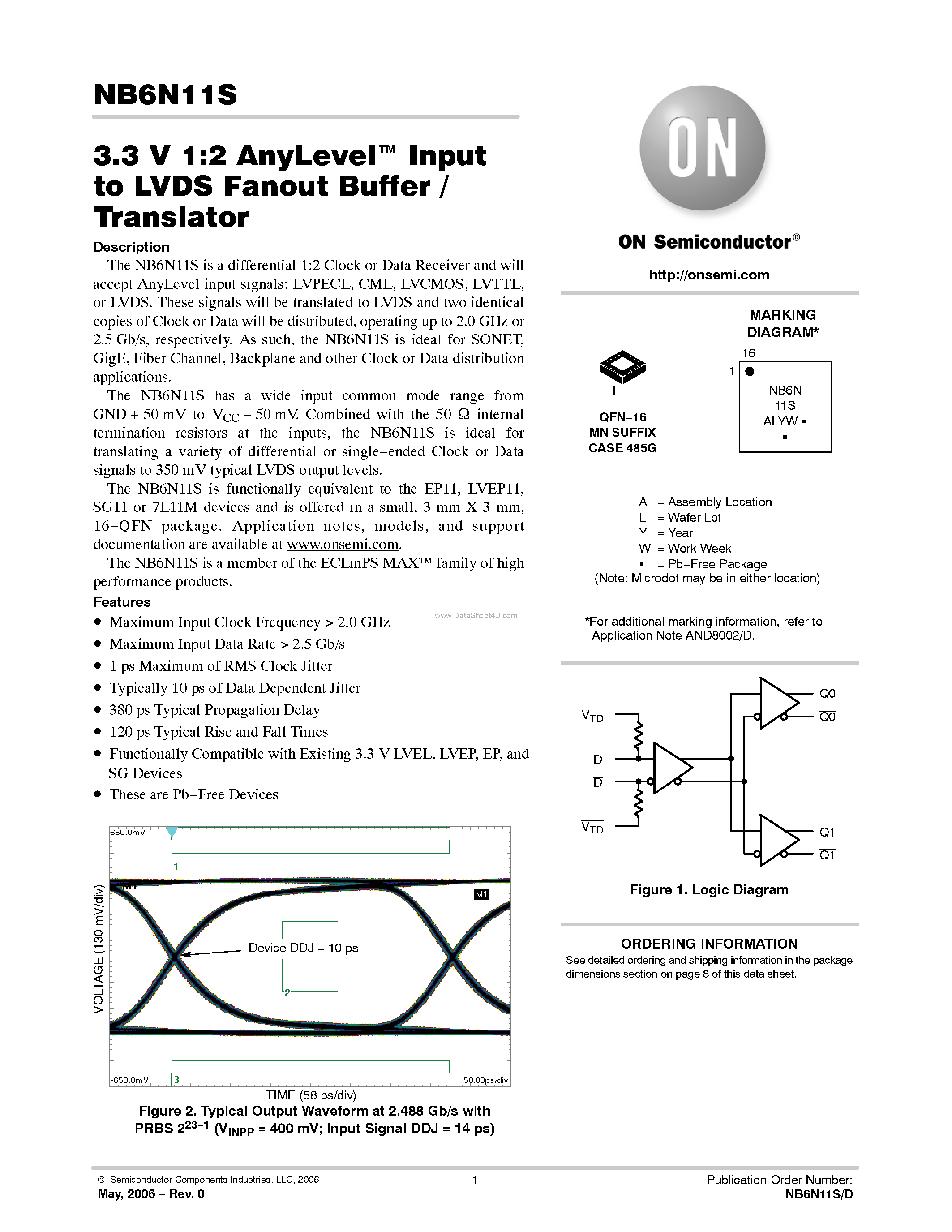 Даташит NB6N11S - Input to LVDS Fanout Buffer /Translator страница 1