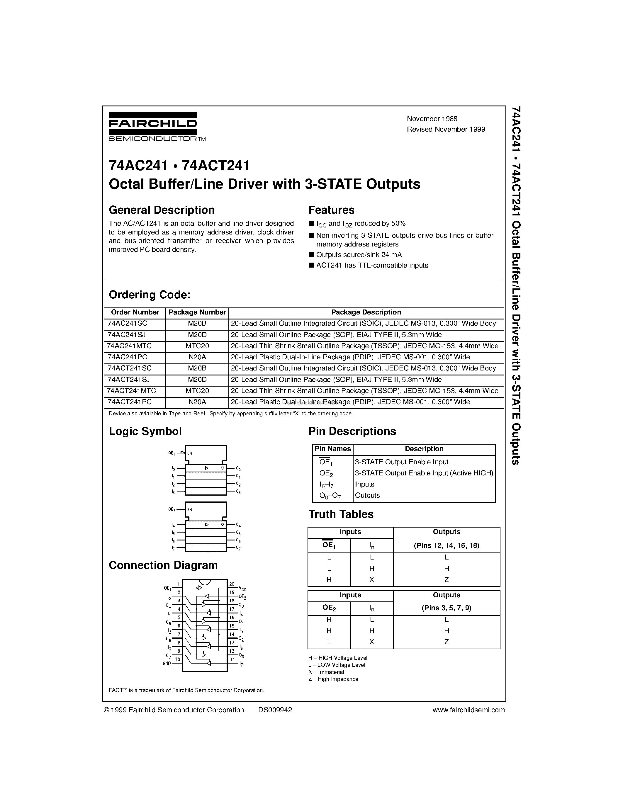 Даташит 74AC241 - Octal Buffer/Line Driver with 3-STATE Outputs страница 1