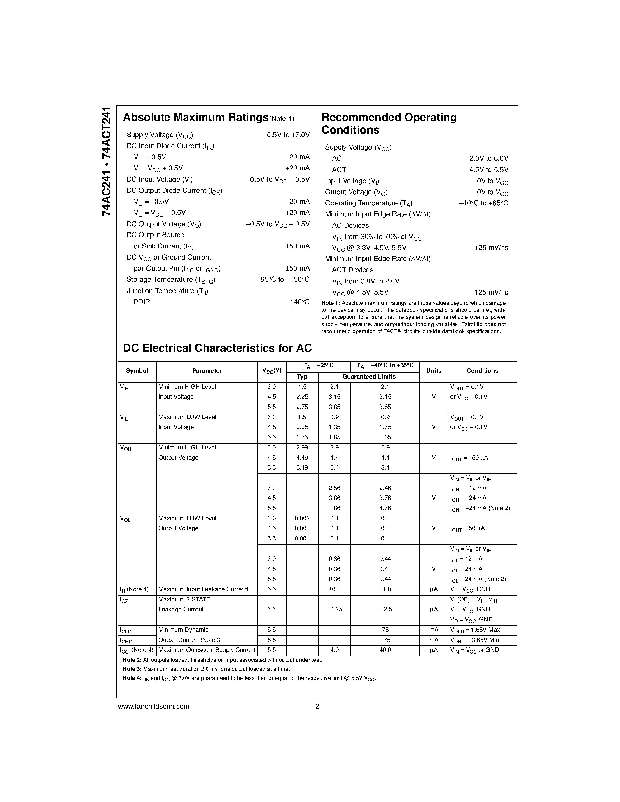 Даташит 74AC241 - Octal Buffer/Line Driver with 3-STATE Outputs страница 2