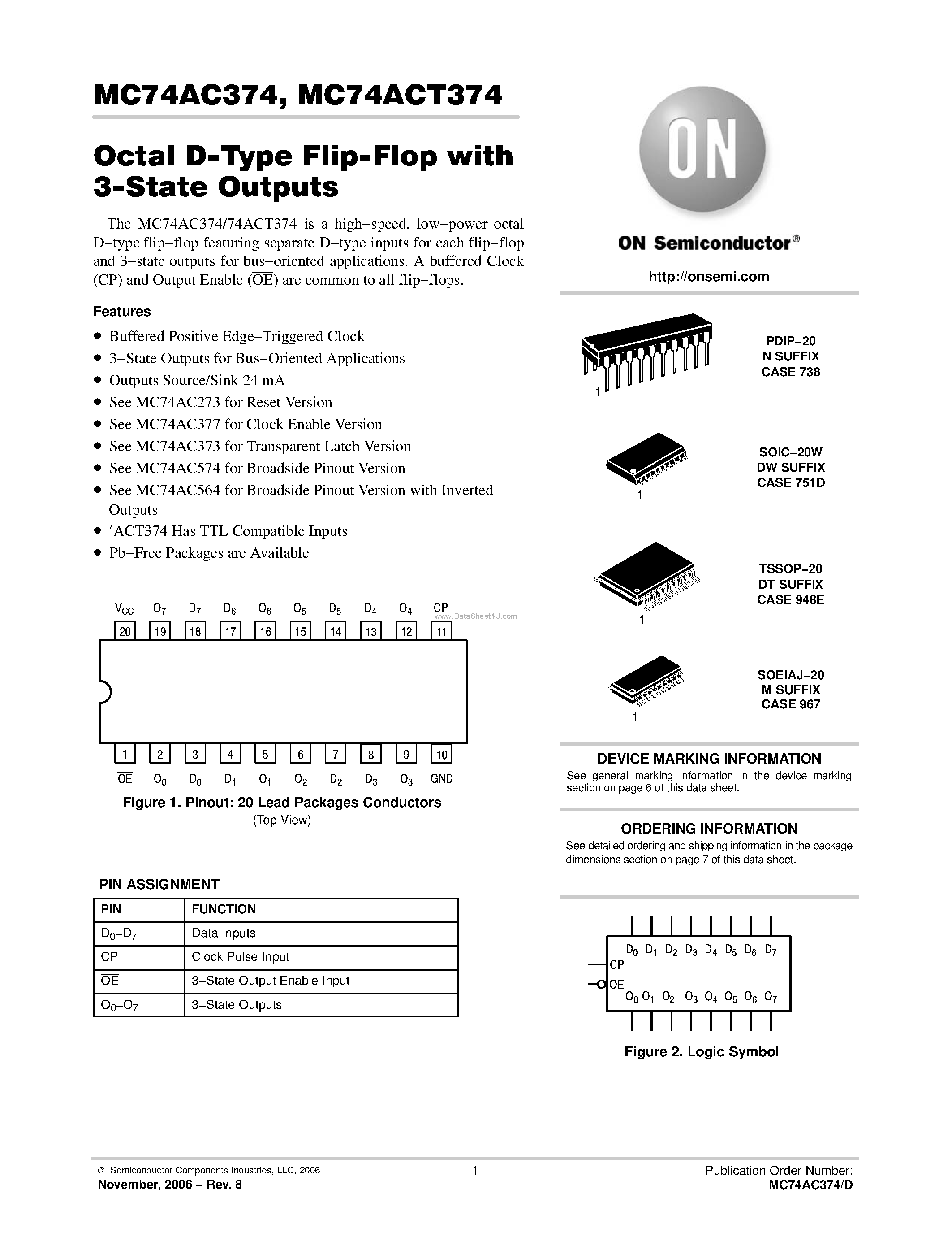 Даташит 74AC374 - OCTAL D-TYPE FLIP-FLOP WITH 3-STATE OUTPUTS страница 1