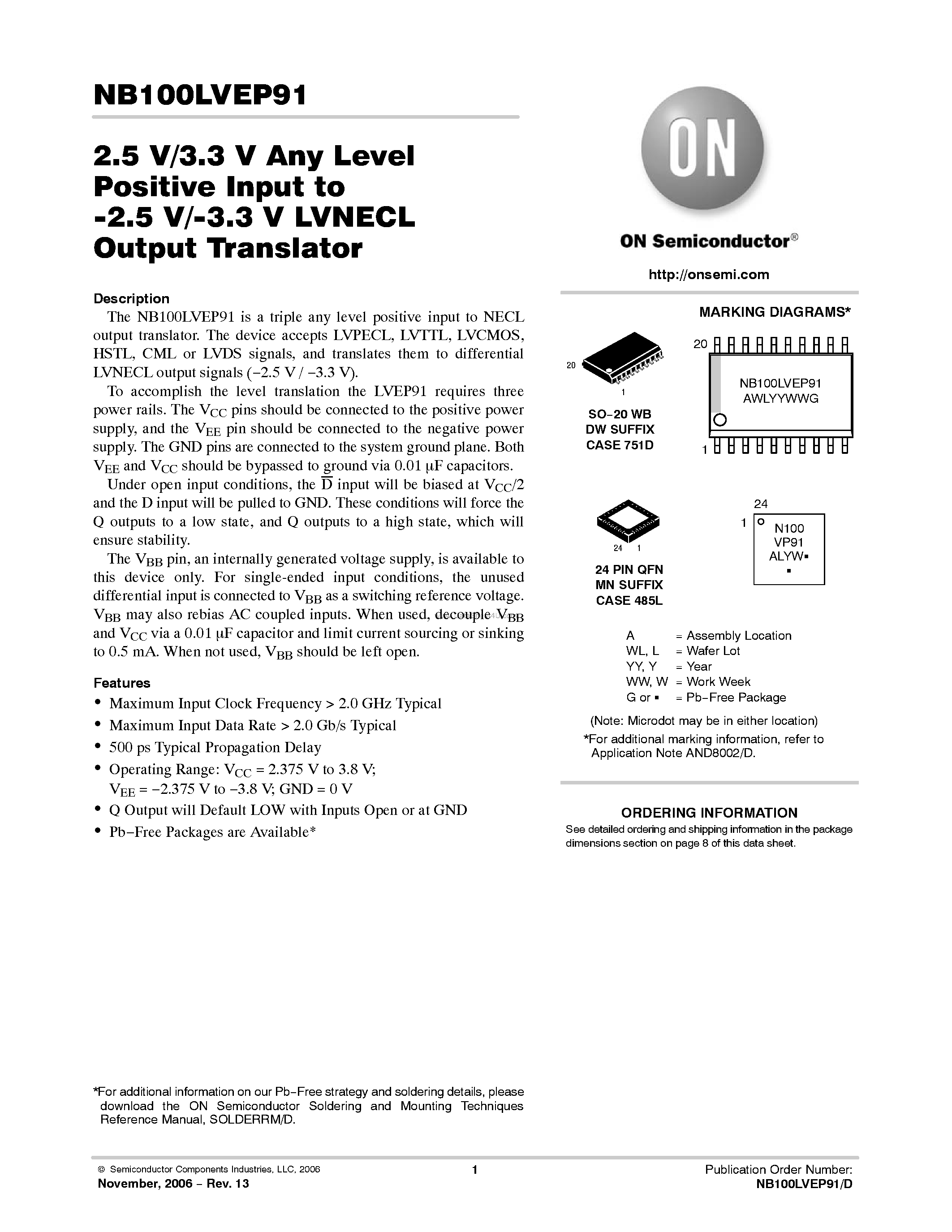 Даташит NB100LVEP91 - Any Level Positive Input to -2.5 V/-3.3 V LVNECL Output Translator страница 1