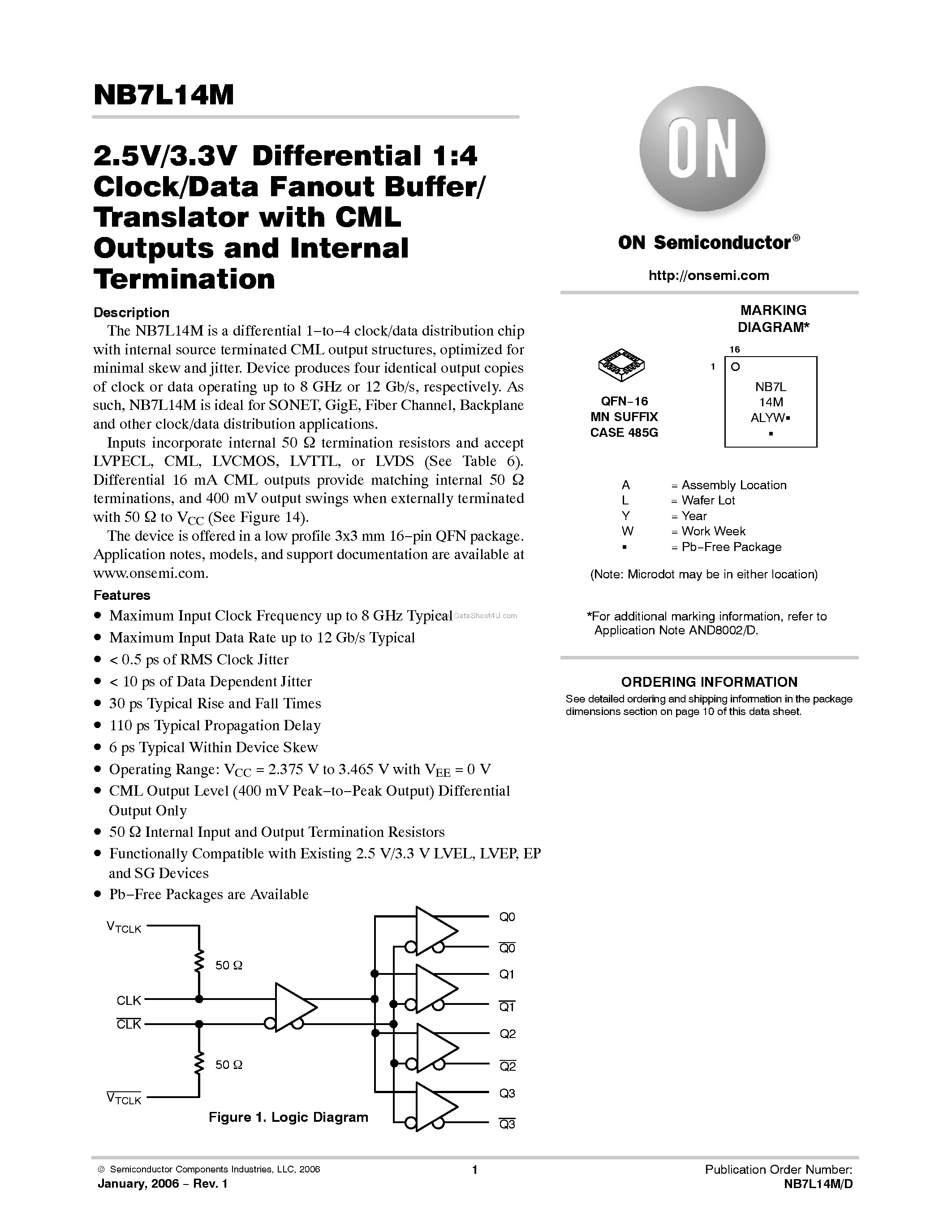 Даташит NB7L14M - Differential 1:4 Clock/Data Fanout Buffer/Translator страница 1