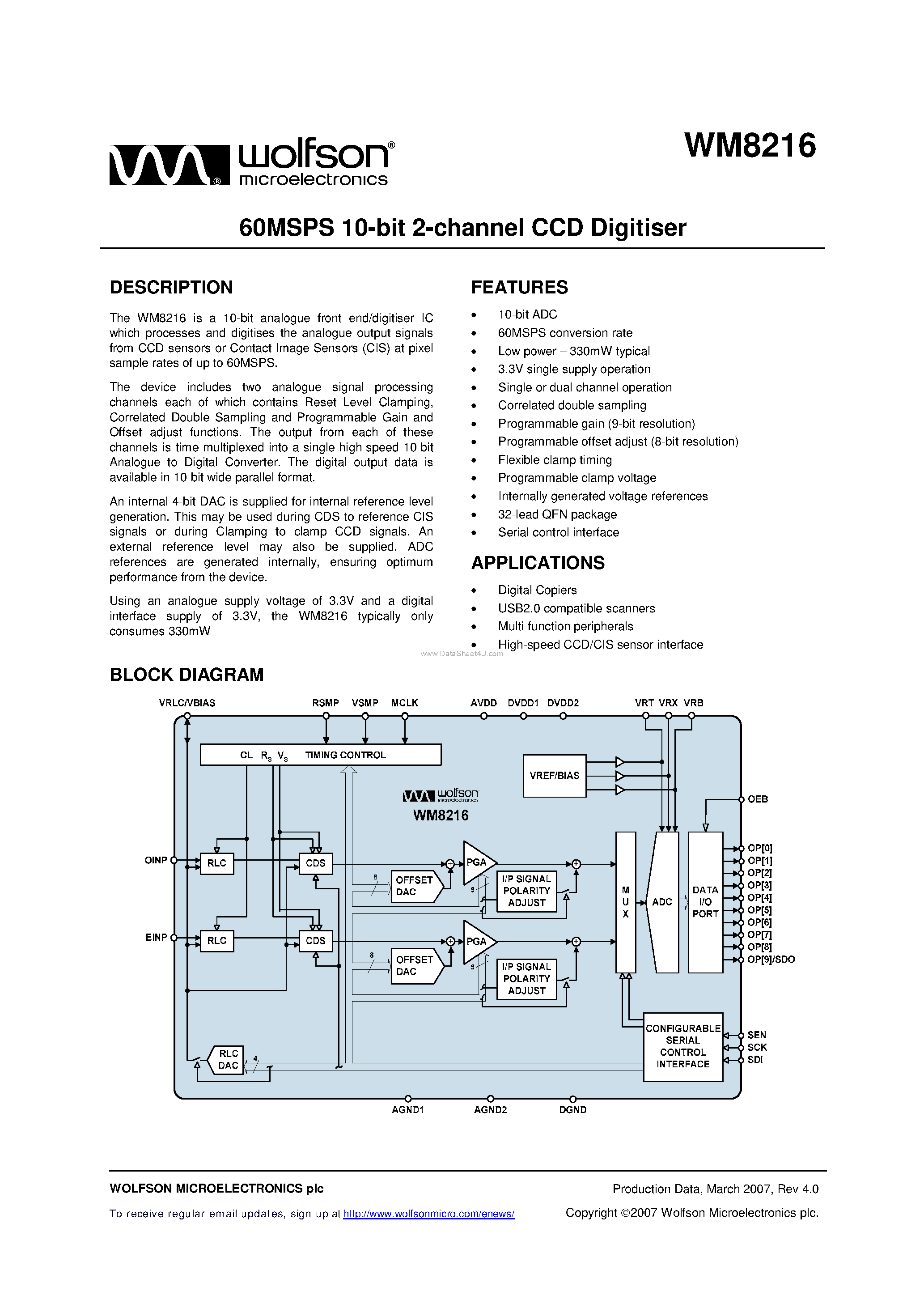 Даташит WM8216 - 60MSPS 10-bit 2-channel CCD Digitiser страница 1