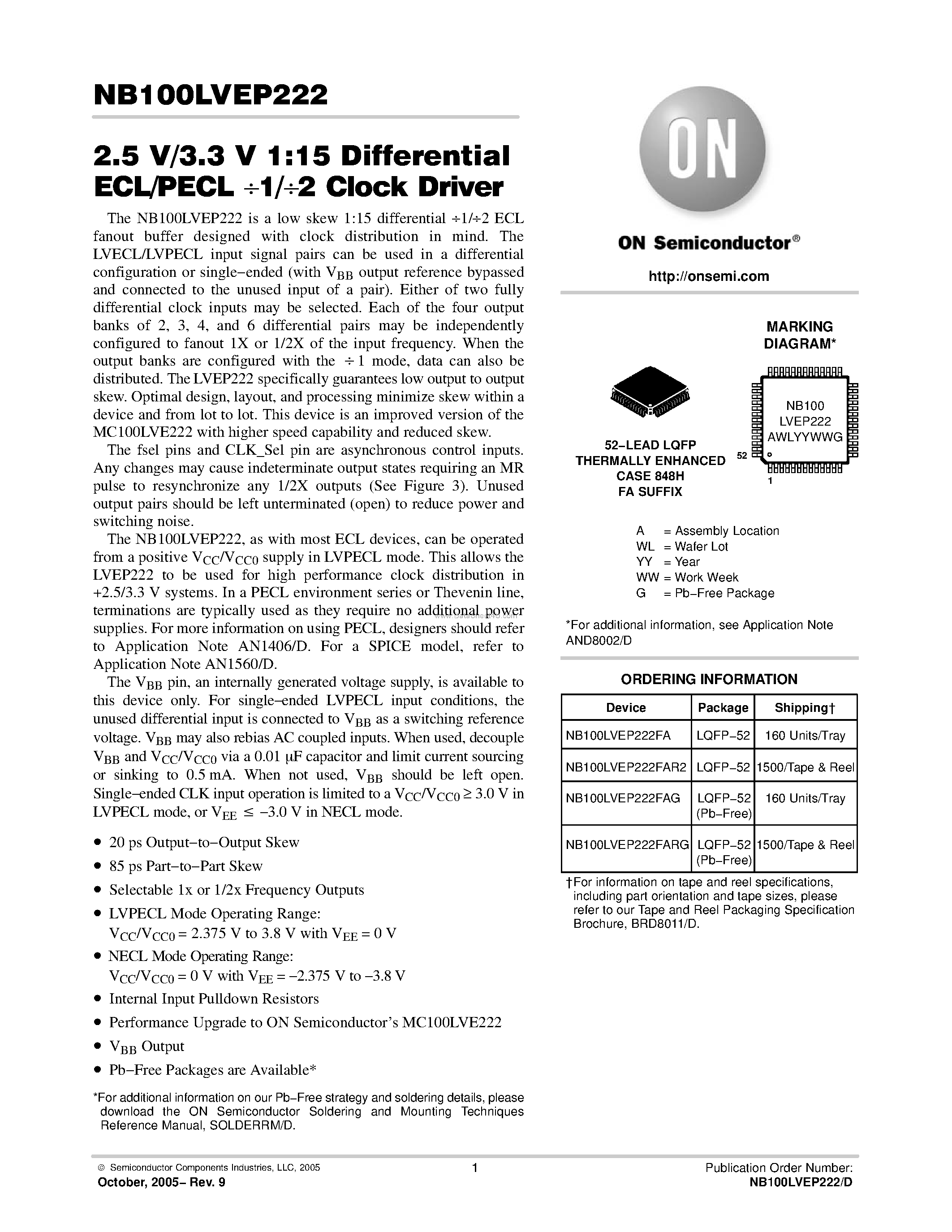 Даташит NB100LVEP222 - 1:15 Differential ECL/PECL /1 /2 Clock Driver страница 1