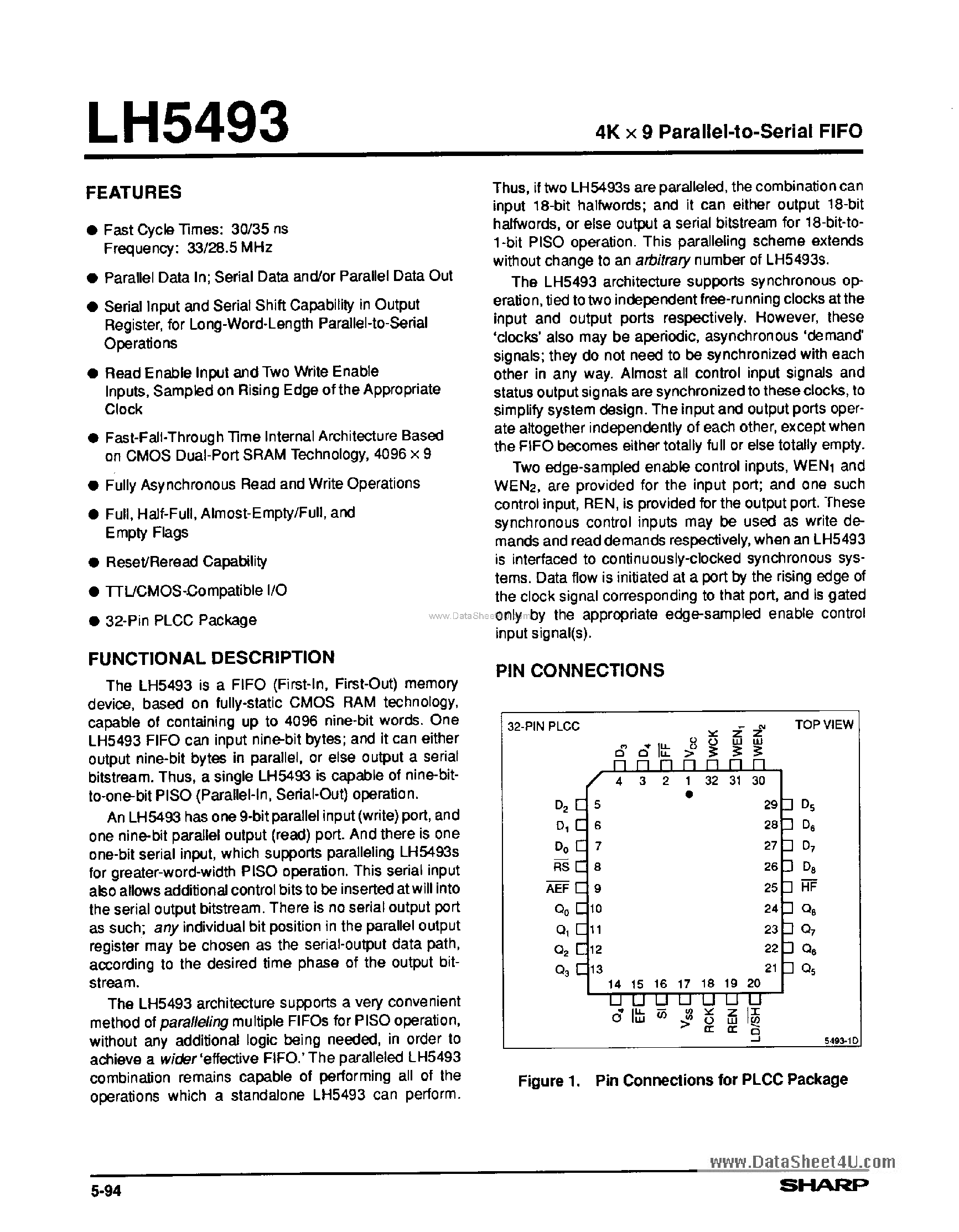 Даташит LH5493 - 4K x 9 Parallel to Serial FIFO страница 1