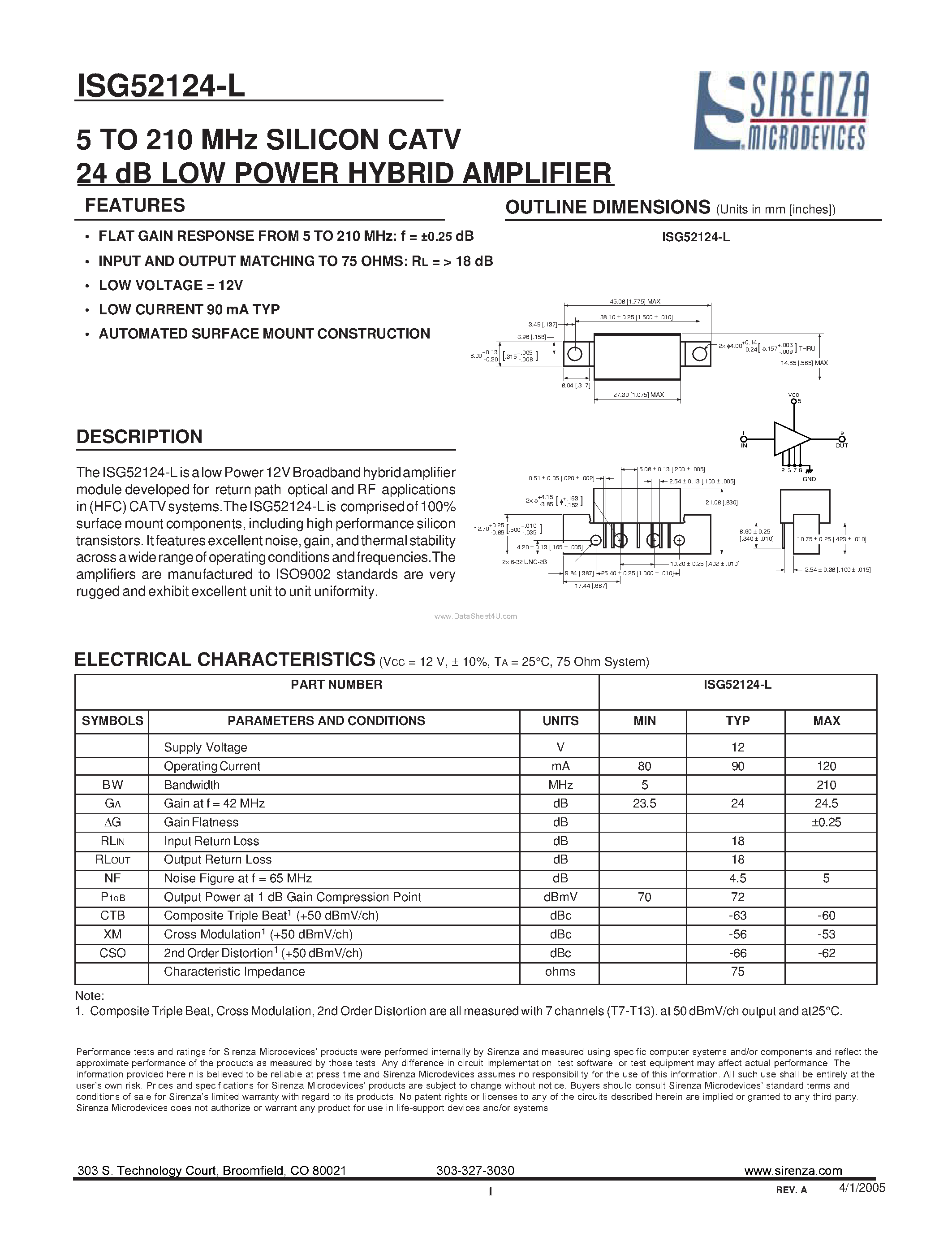 Datasheet ISG52124-L - SILICON CATV 24 dB LOW POWER HYBRID AMPLIFIER page 1