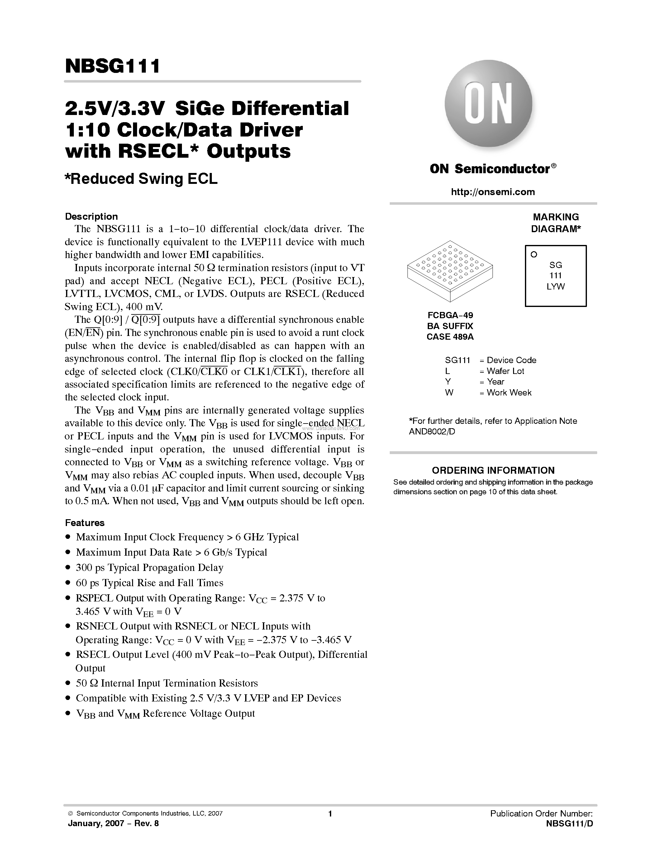 Даташит NBSG111 - 2.5V/3.3V SiGe Differential 1:10 Clock/Data Driver страница 1