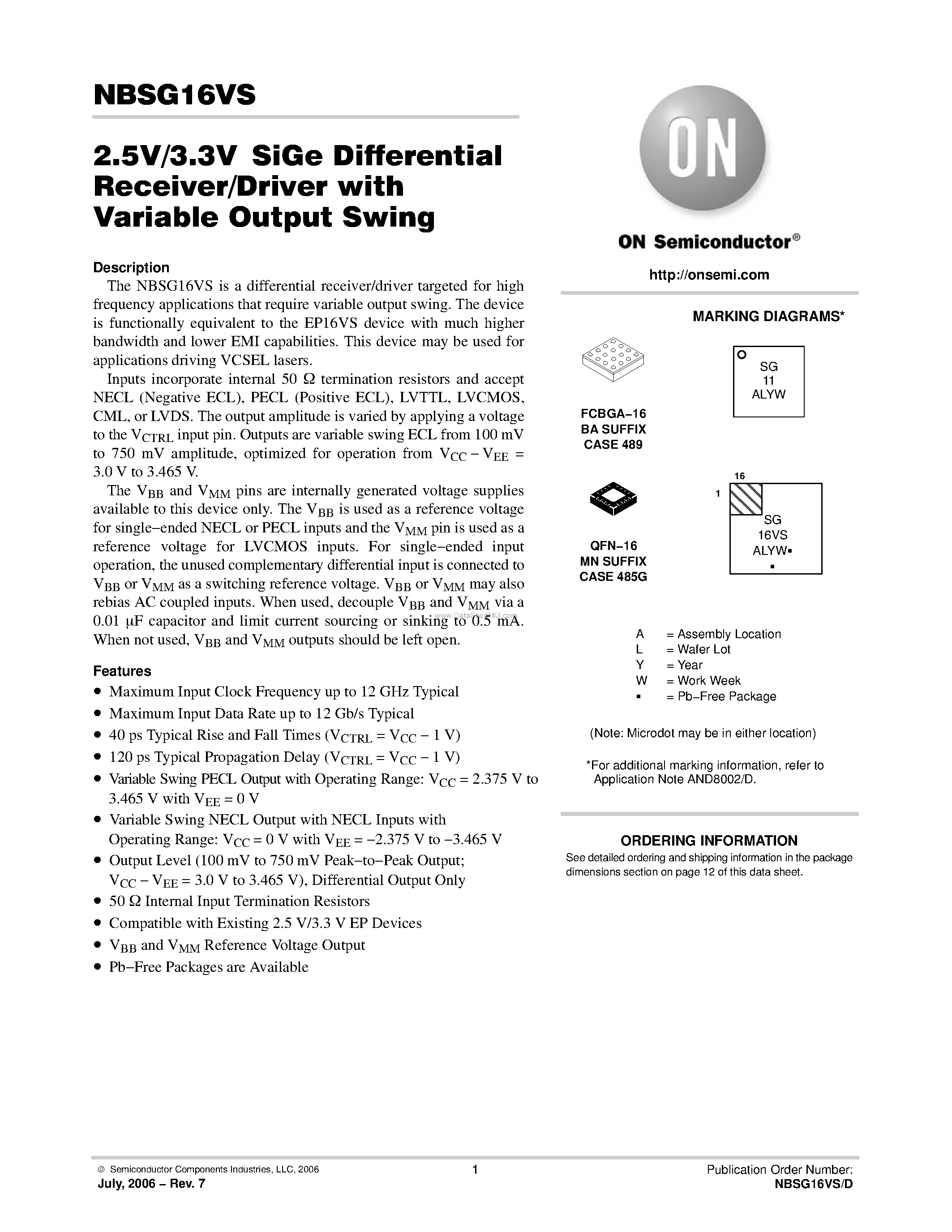 Даташит NBSG16VS - 2.5V/3.3V SiGe Differential Receiver/Driver страница 1