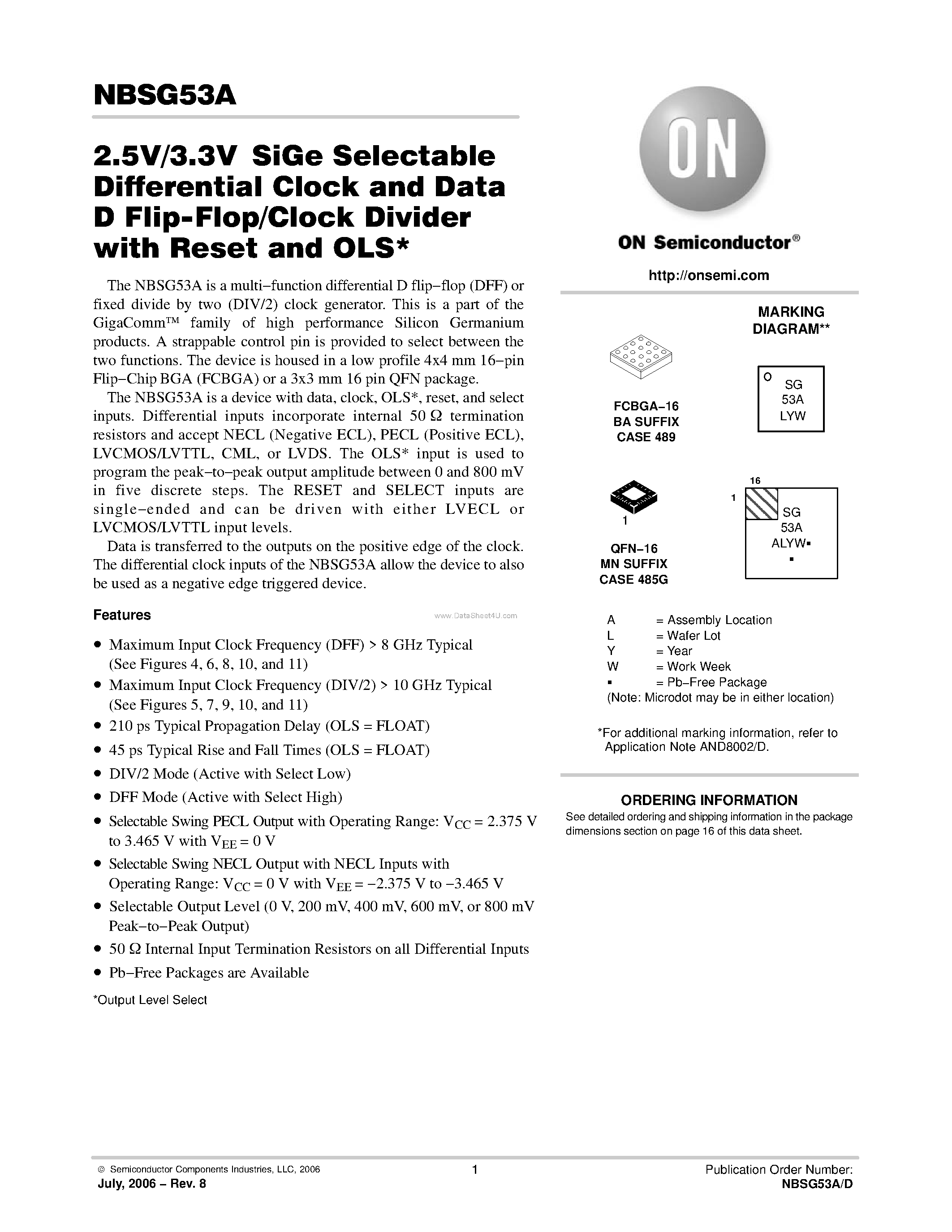 Даташит NBSG53A - 2.5V/3.3V SiGe Selectable Differential Clock and Data D Flip-Flop/Clock Divider страница 1