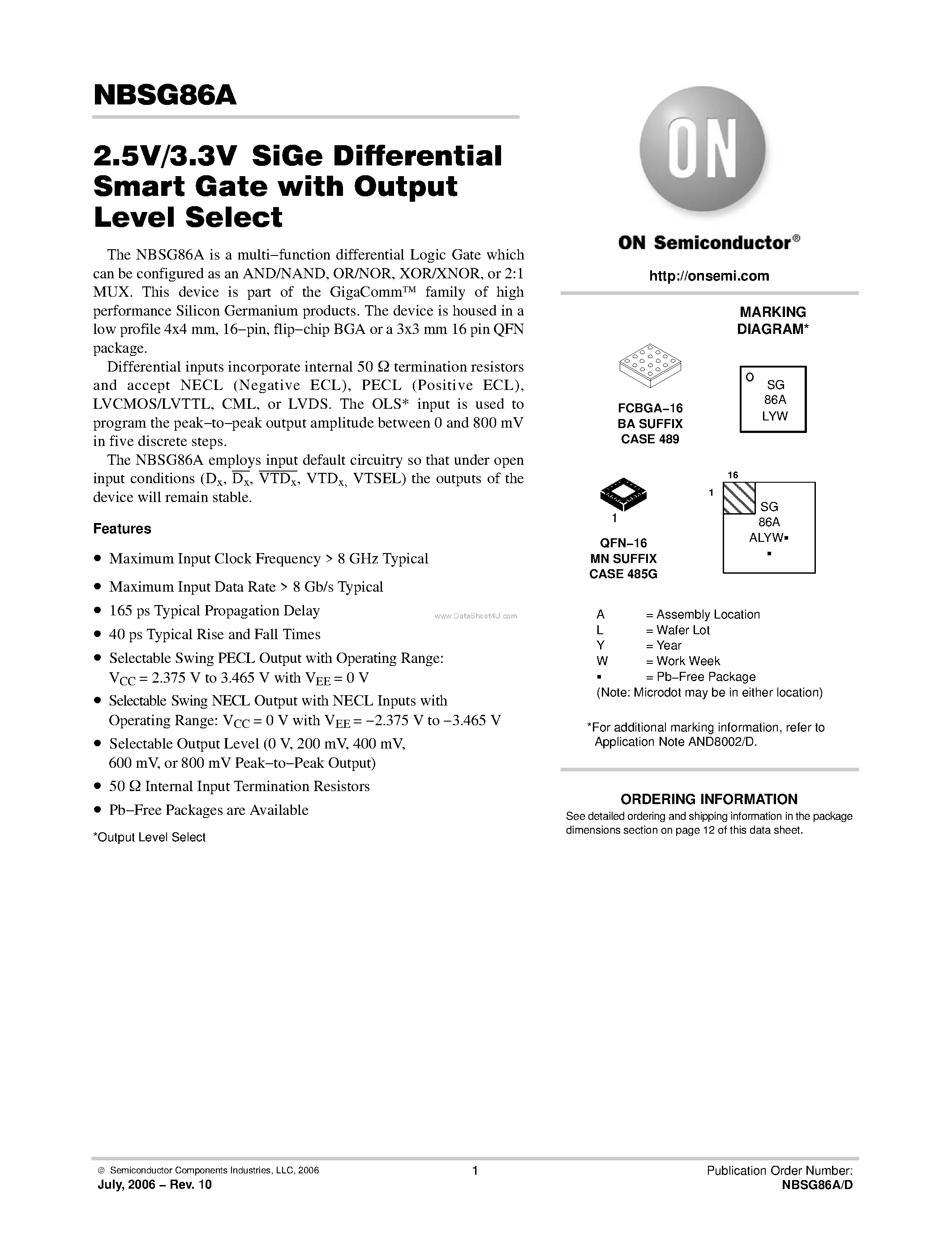 Даташит NBSG86A - 2.5V/3.3V SiGe Differential Smart Gate страница 1