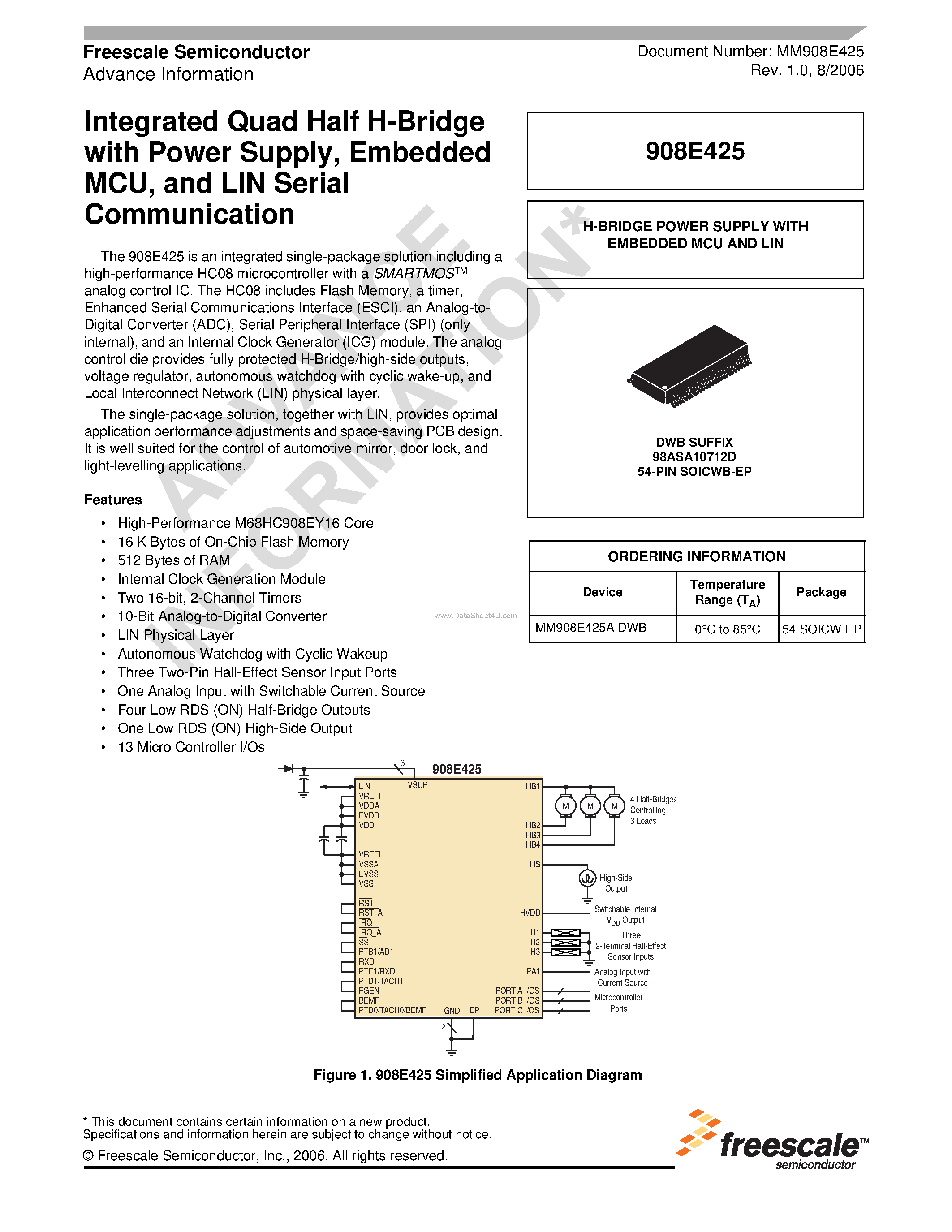 Даташит 908E425 - Integrated Quad Half H-Bridge страница 1