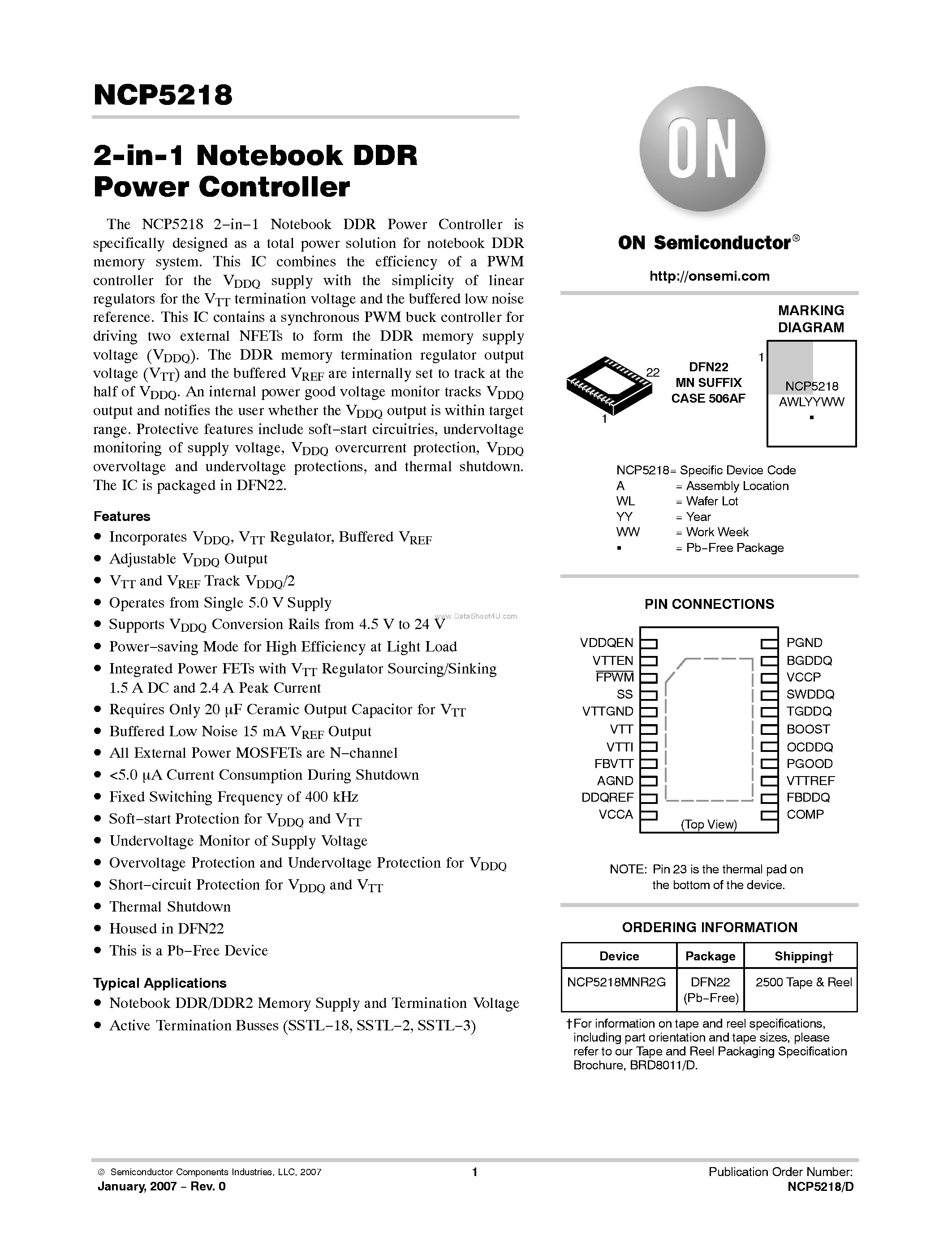 Даташит NCP5218 - 2-in-1 Notebook DDR Power Controller страница 1