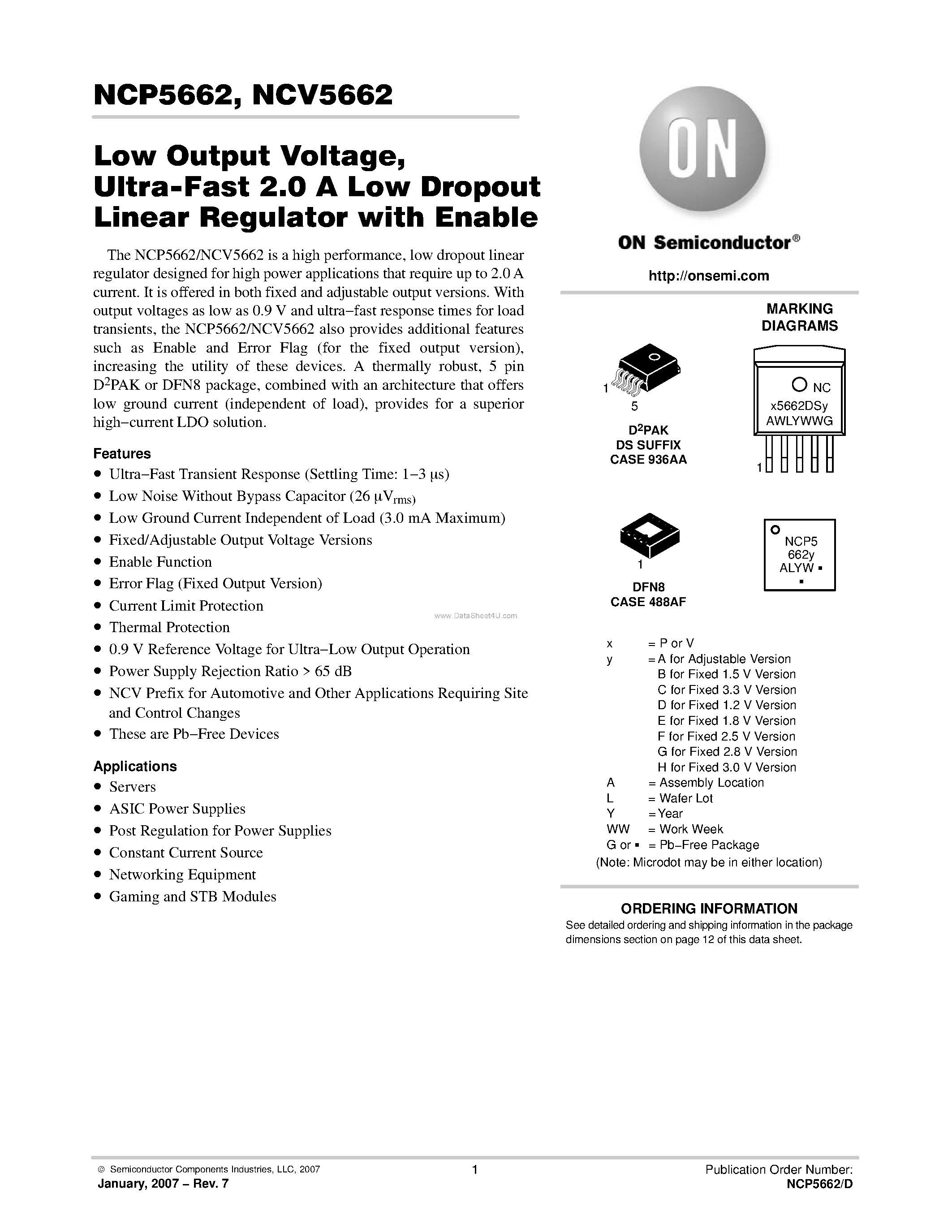 Даташит NCV5662 - Ultra-Fast 2.0 A Low Dropout Linear Regulator страница 1