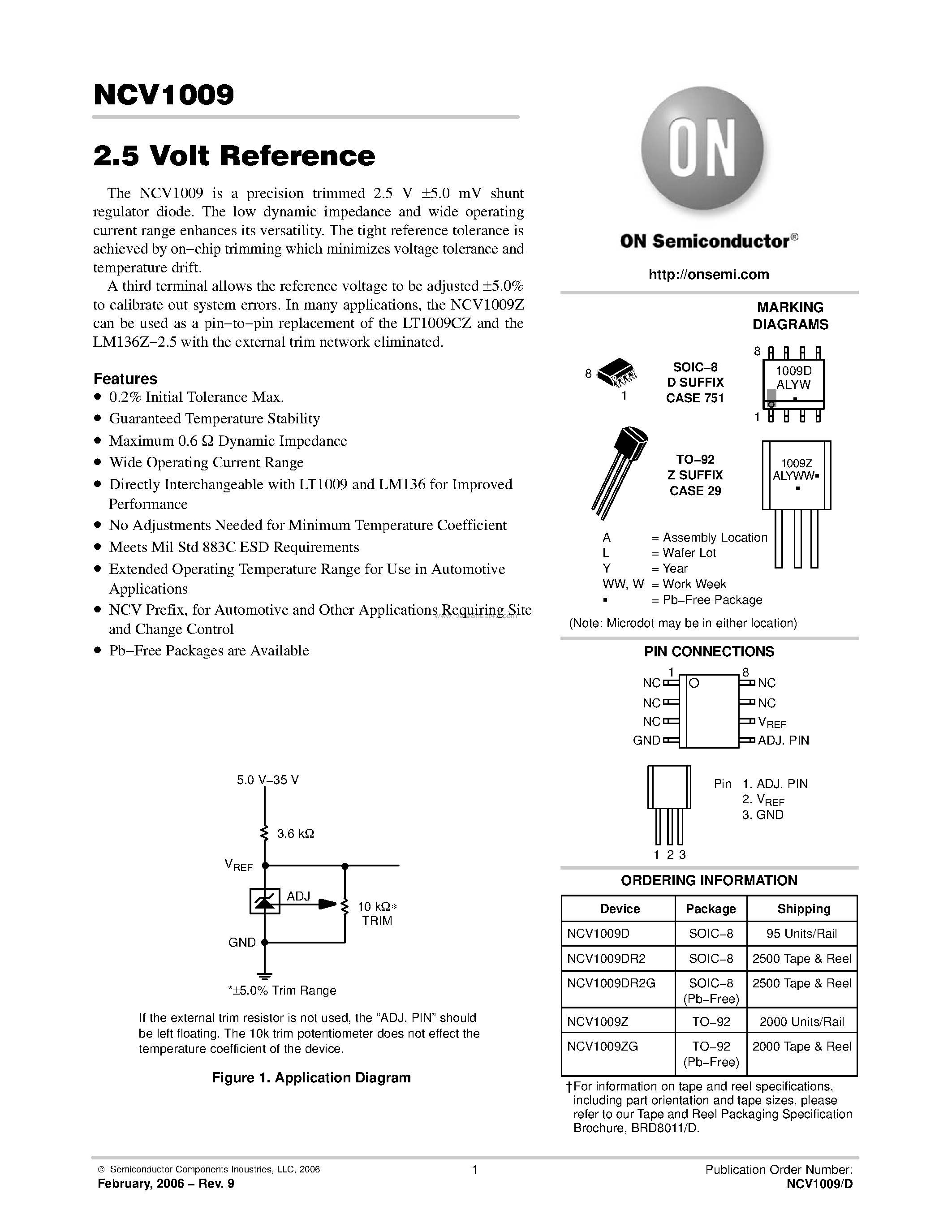 Даташит NCV1009 - 2.5 Volt Reference страница 1