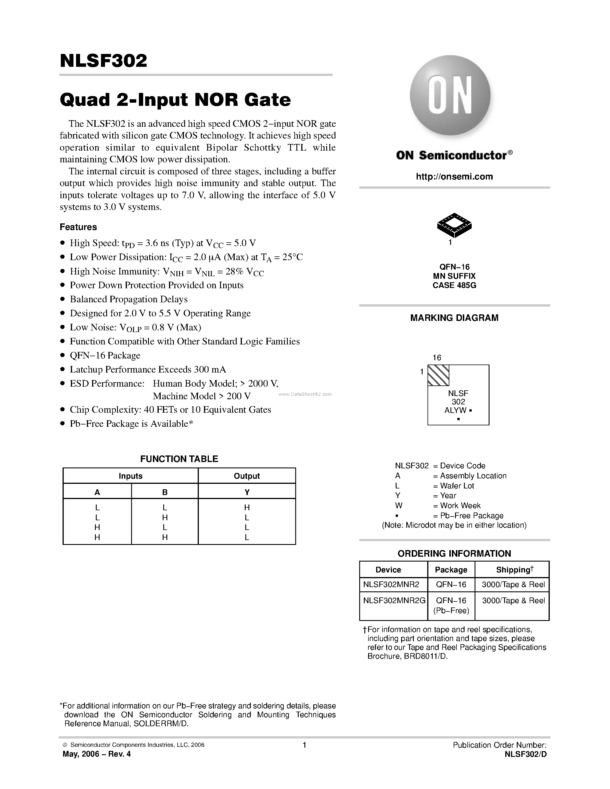 Даташит NLSF302 - Quad 2-Input NOR Gate страница 1