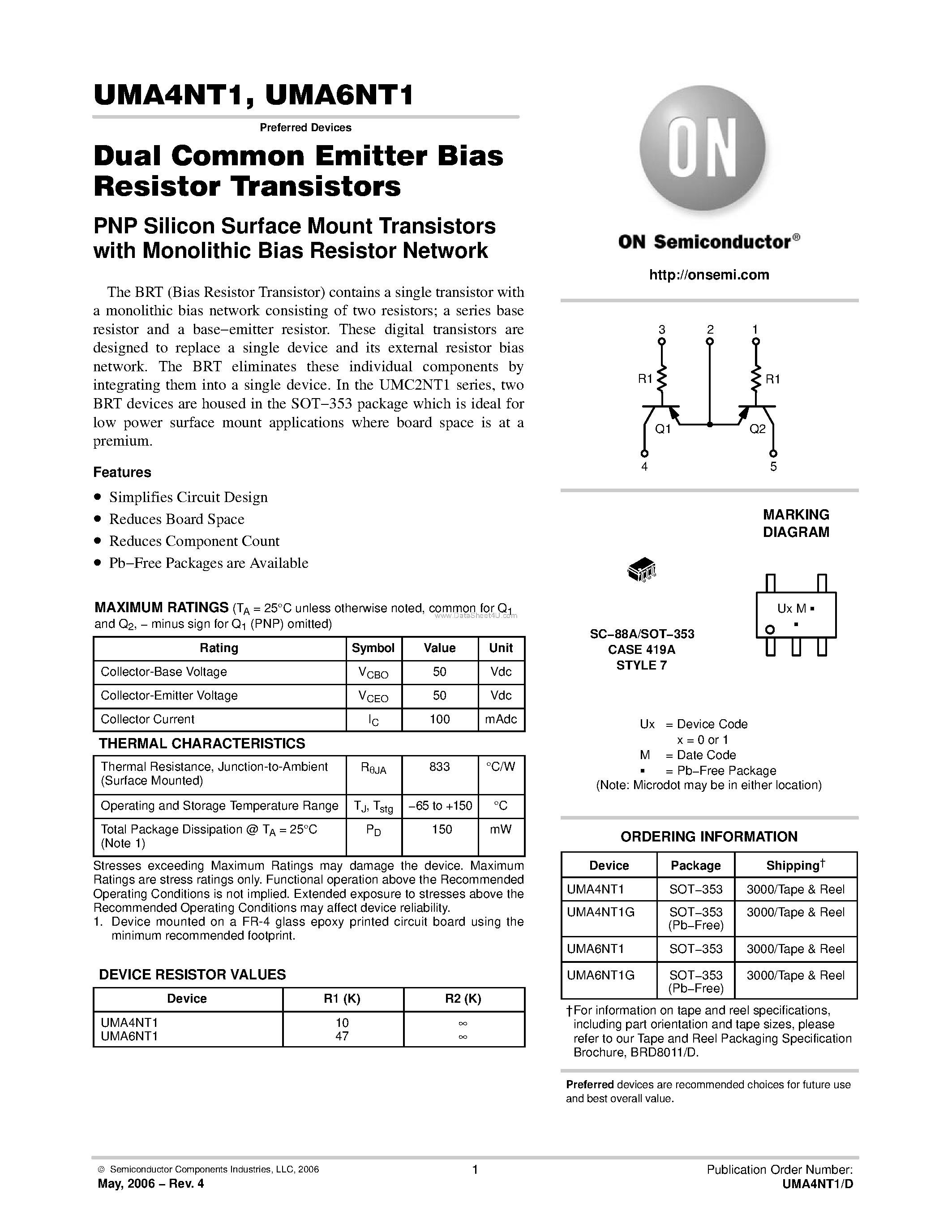 Даташит UMA4NT1 - (UMA4NT1 / UMA6NT1) Dual Common Emitter Bias Resistor Transistors страница 1