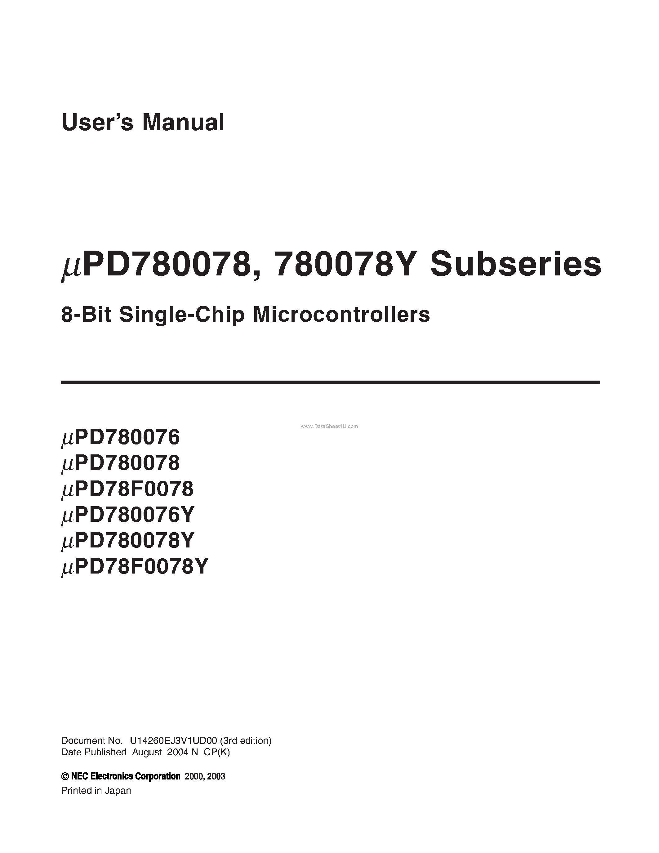 Даташит UPD780076 - (UPD780078 Series) 8-Bit Single-Chip Microcontrollers страница 1