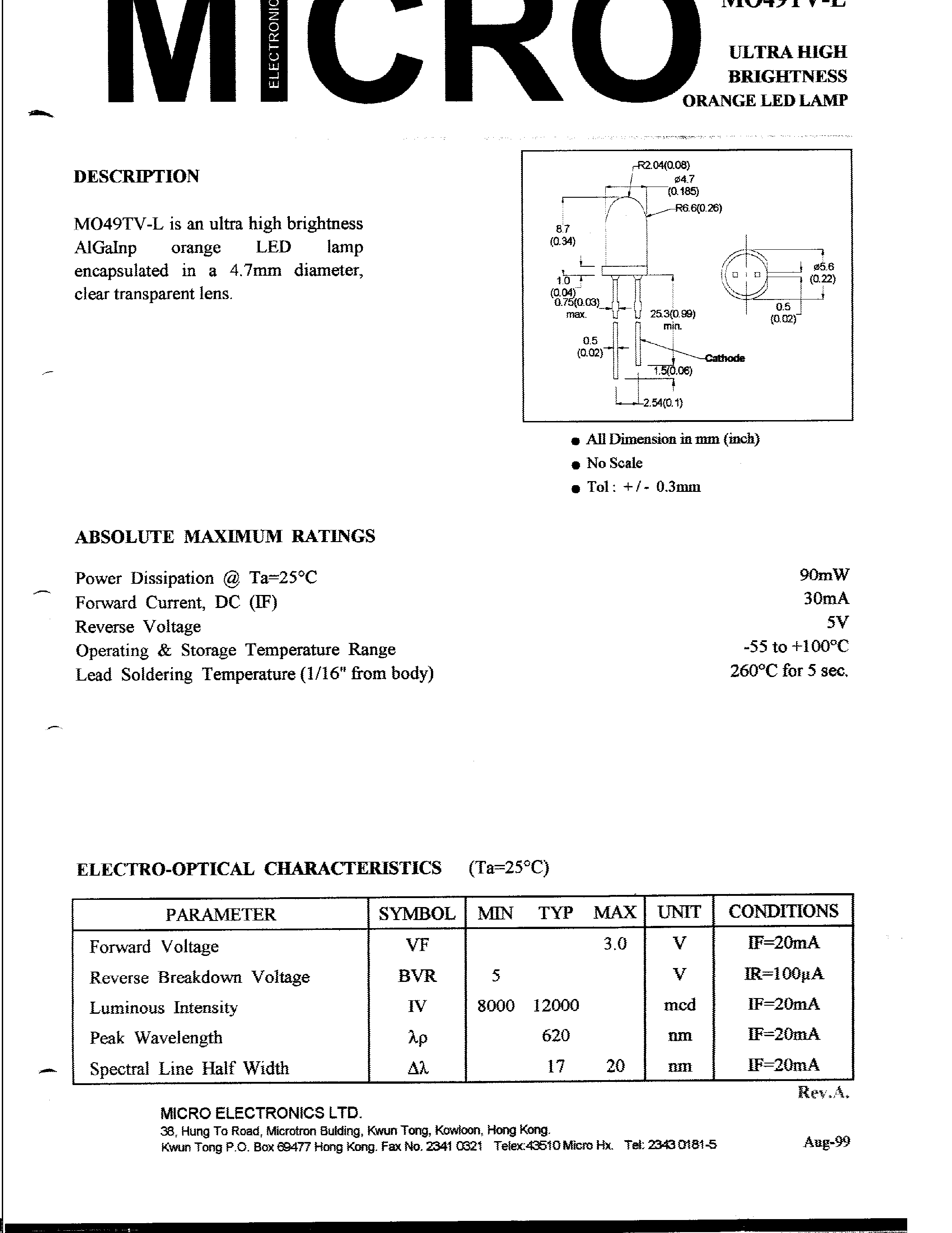 Datasheet MO49TV-L - ULTRA HIGH BRIGHTNESS ORANGE LED LAMP page 1