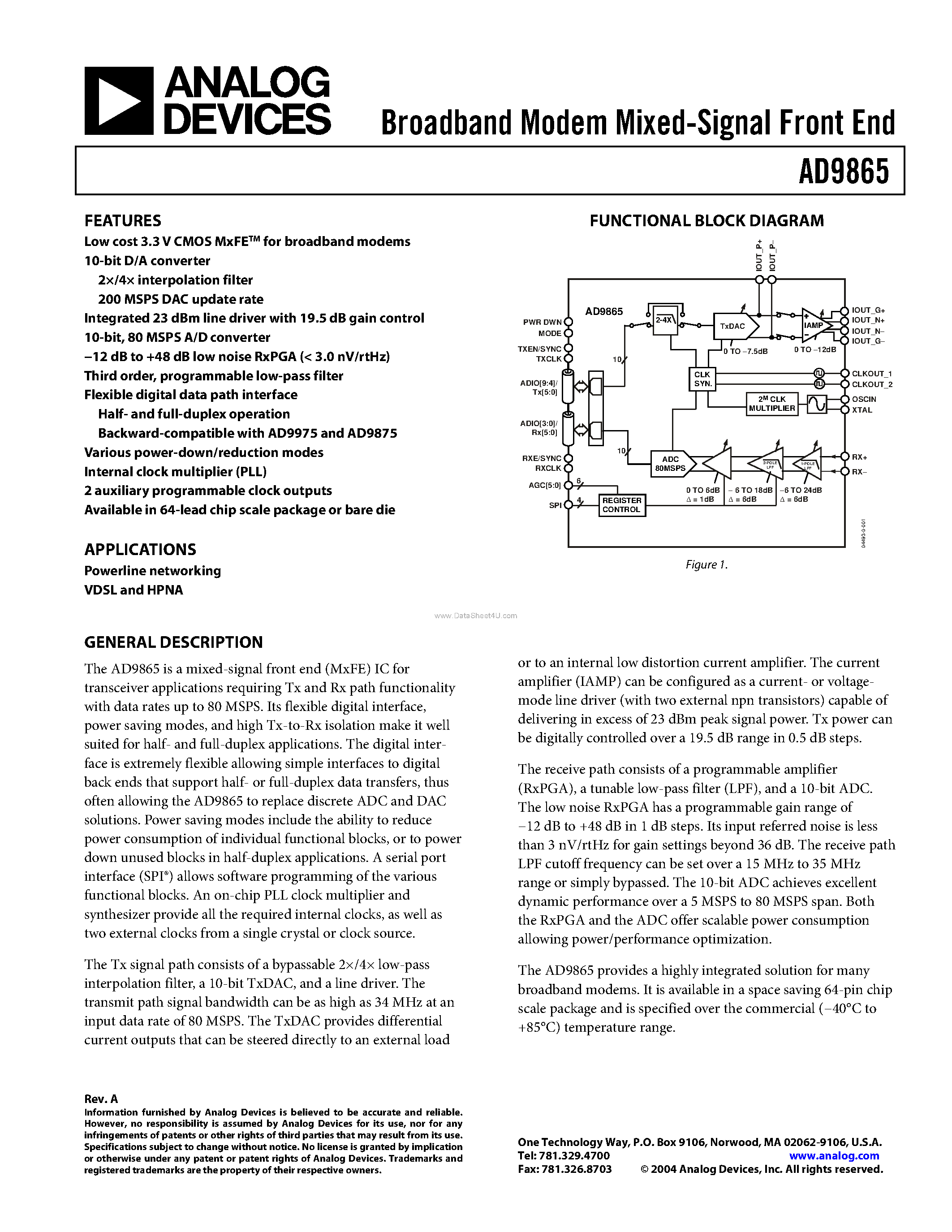 Datasheet AD9865 - Broadband Modem Mixed-Signal Front End page 1