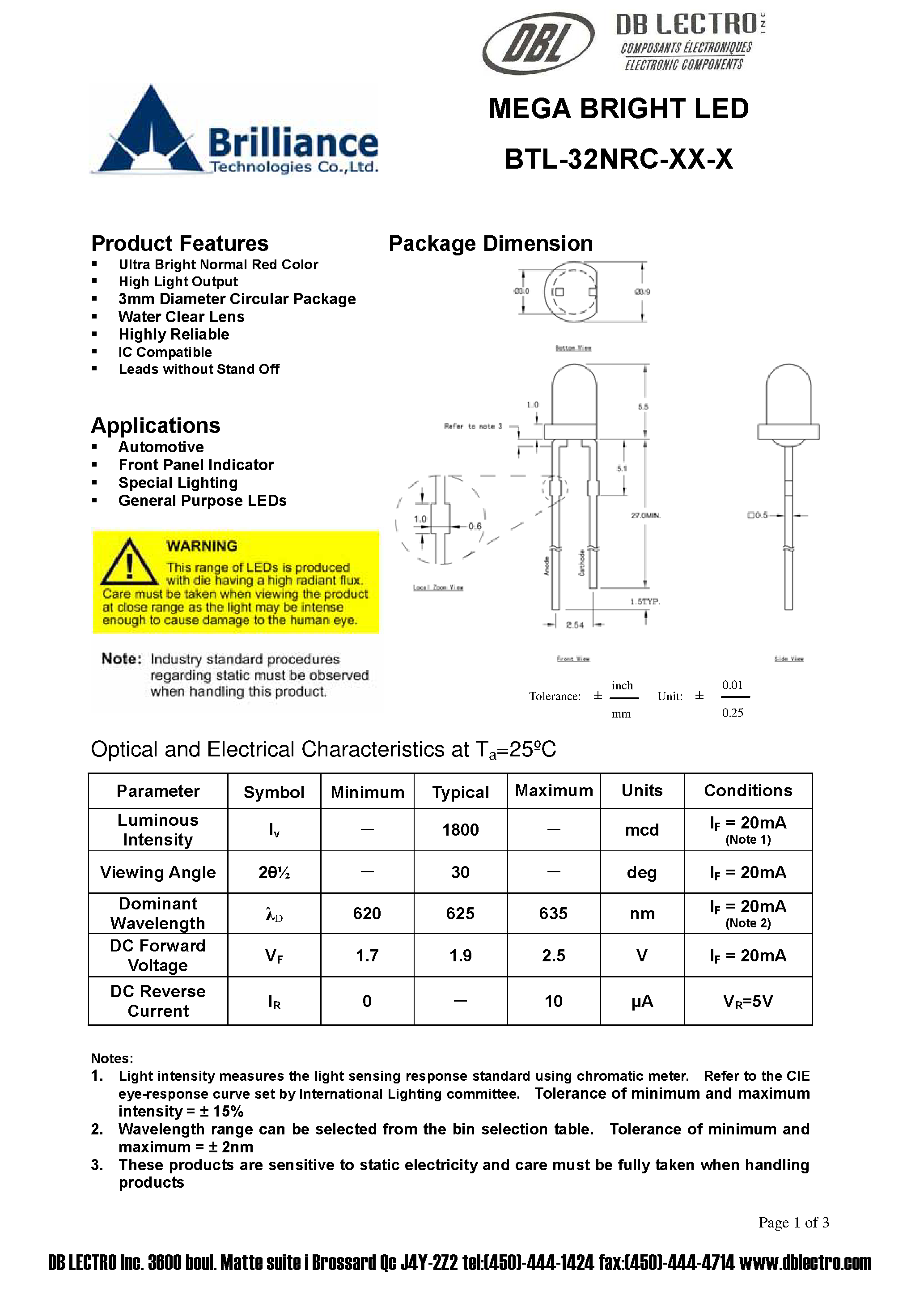 Datasheet BTL-32NRC-xx-x - MEGA BRIGHT LED page 1