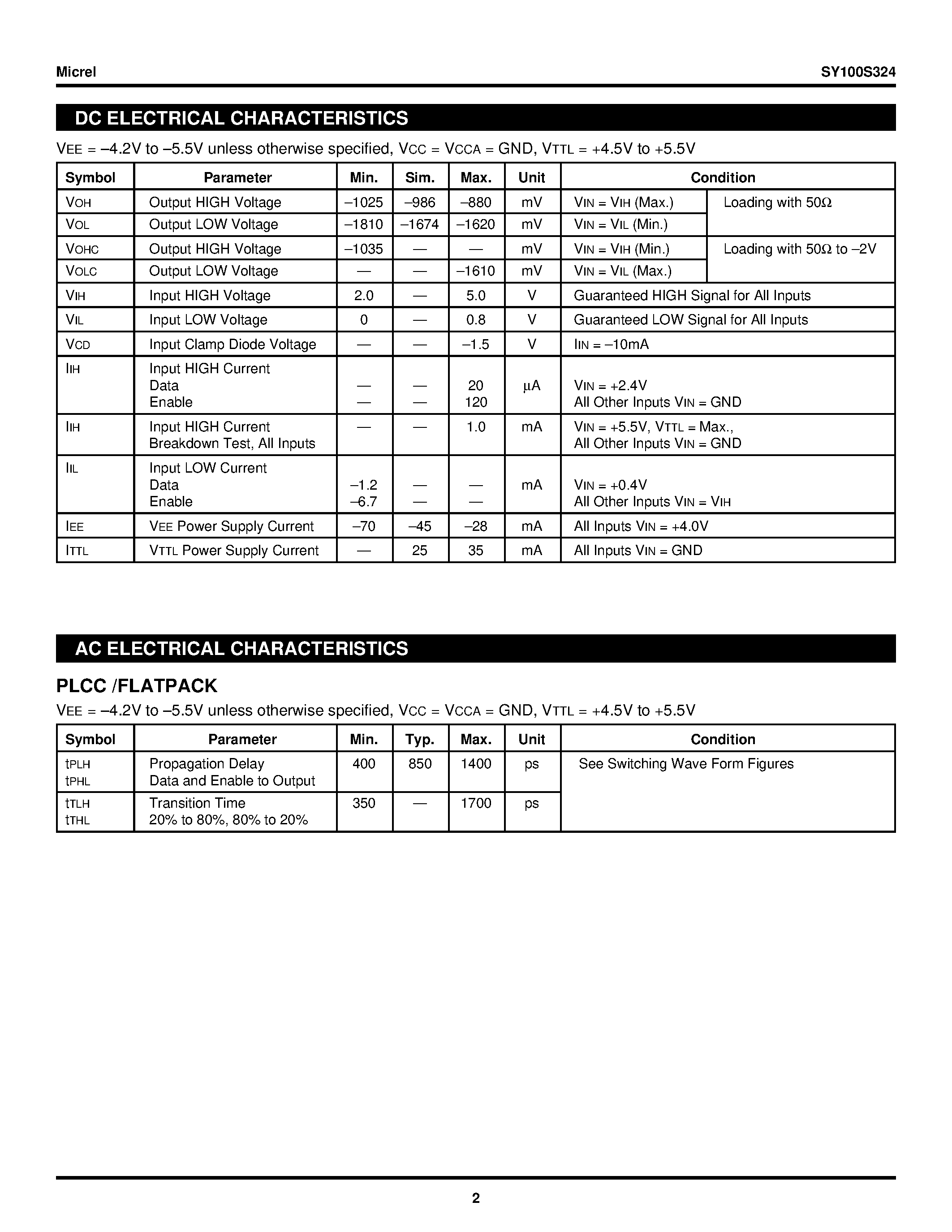 Datasheet SY100S324 - Low Power Hex Ttl-to-ecl Translator page 2