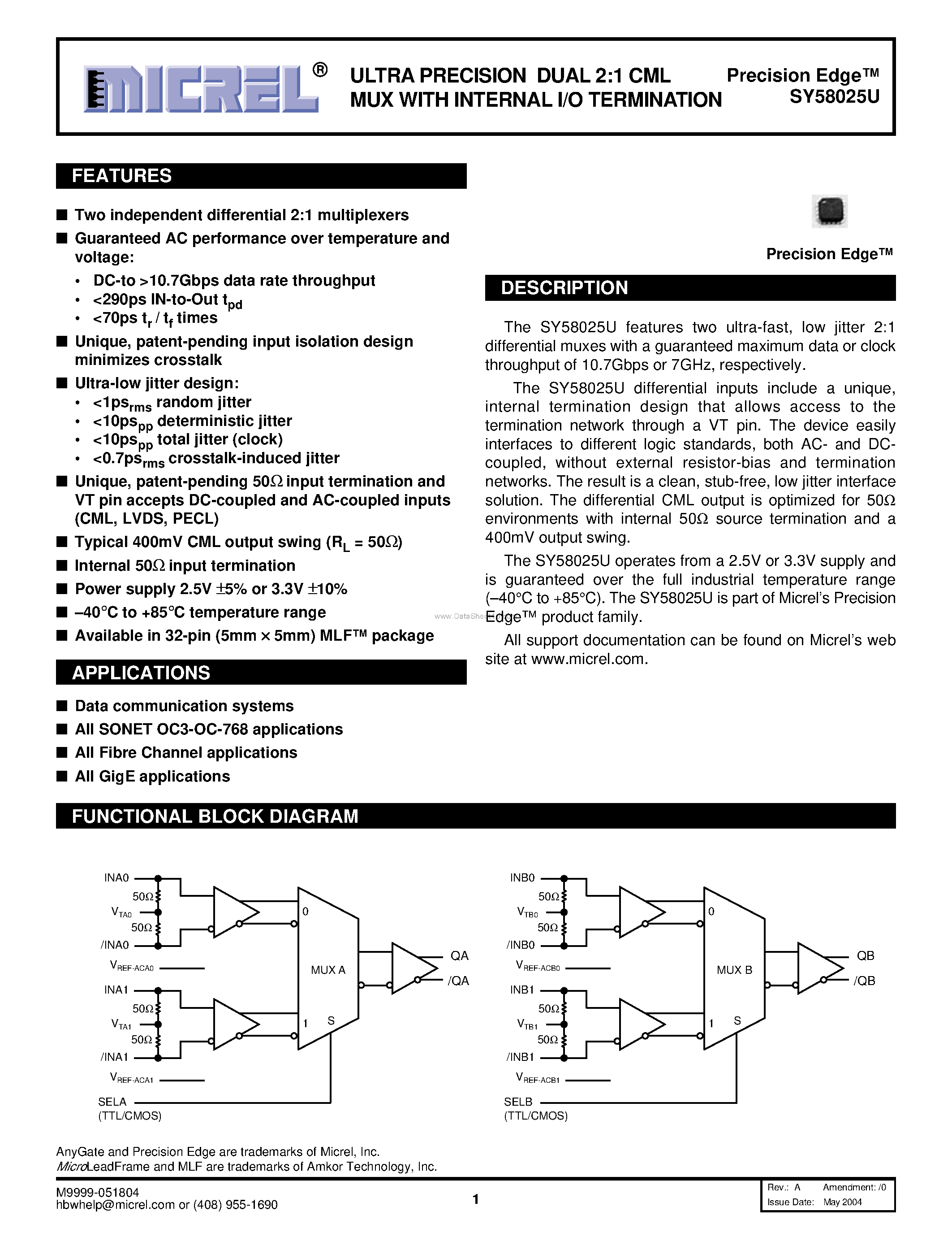 Даташит SY58025U - Ultra Precision Dual 2:1 CML Mux страница 1