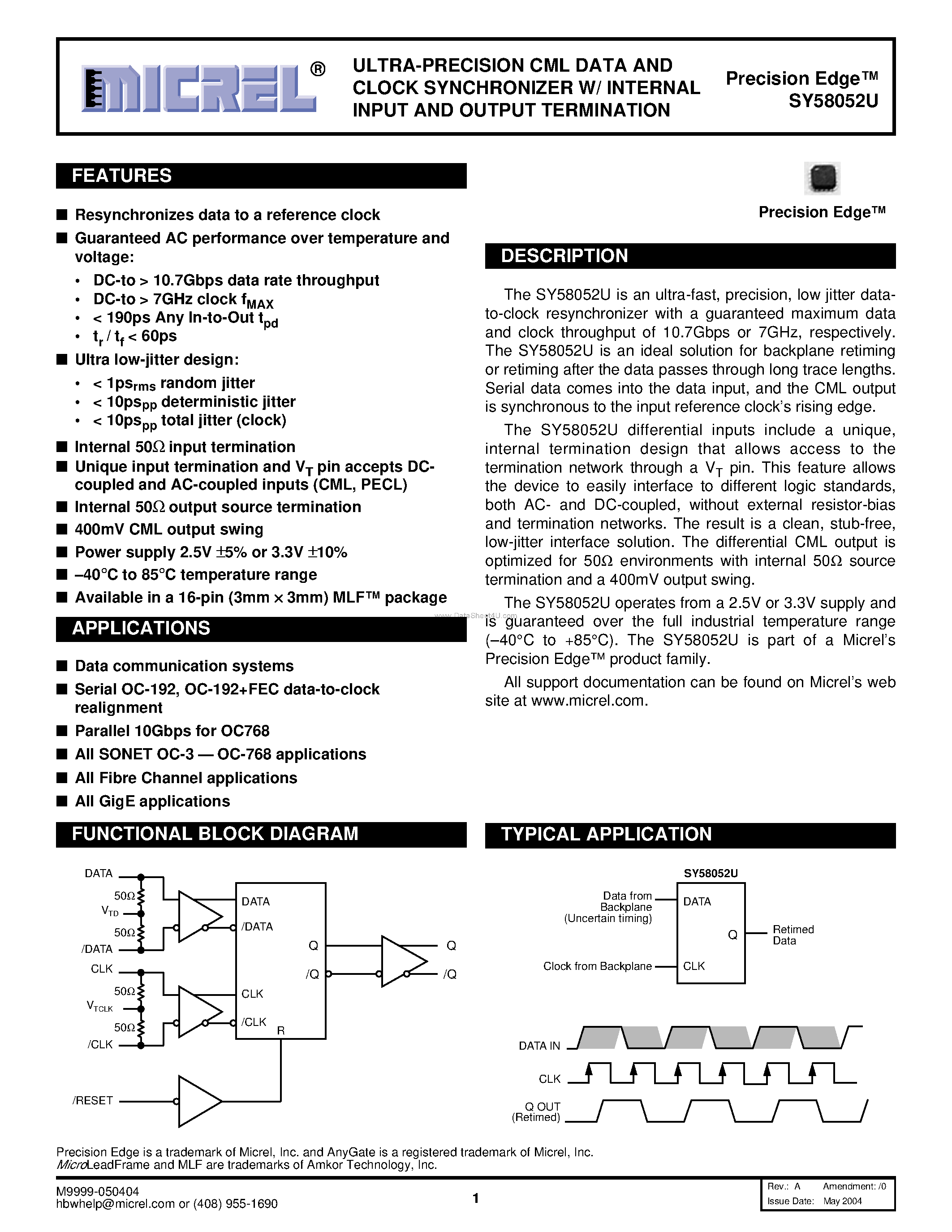 Даташит SY58052U - ULTRA-PRECISION DIFFERENTIAL 400MV LVPECL 2:1 MUX страница 1