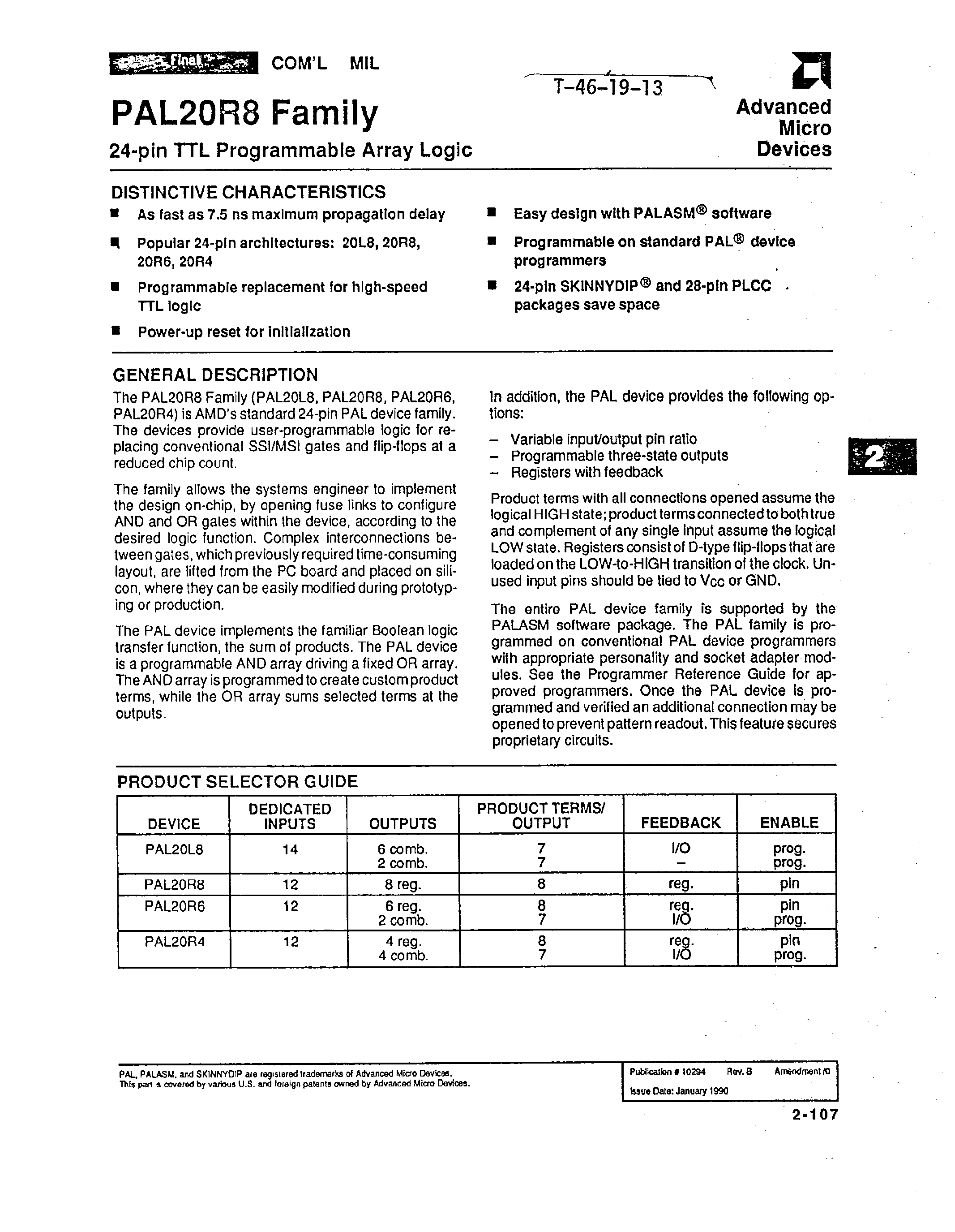 Даташит PAL20L8 - (PAL20R8 Series) 24-pin TTL Programmable Array Logic страница 1